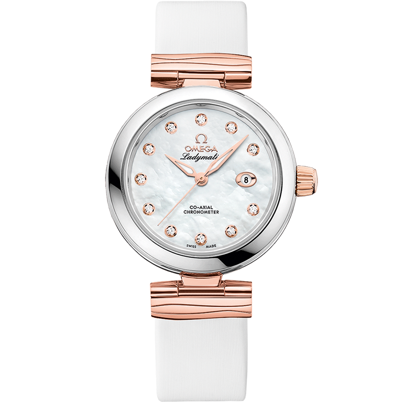 Omega De Ville Ladymatic 34 mm White Dial with Diamonds Stainless Steel Sedna™ 18k Rose Gold Strap 425.22.34.20.55.004