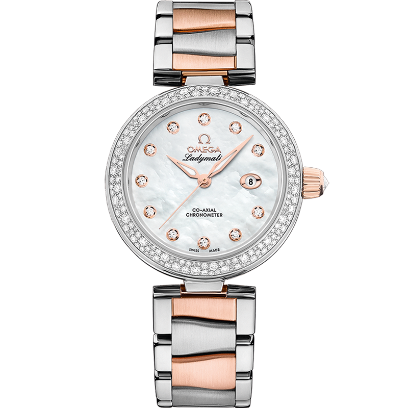 Omega De Ville Ladymatic 34 mm White Dial with Diamonds  Stainless Steel Sedna™ 18k Rose Gold Bracelet 425.25.34.20.55.004