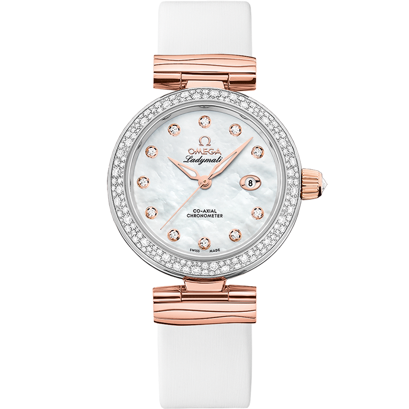Omega De Ville Ladymatic 34 mm White Dial with Diamonds  Stainless Steel Sedna™ 18k Rose Gold Strap 425.27.34.20.55.004
