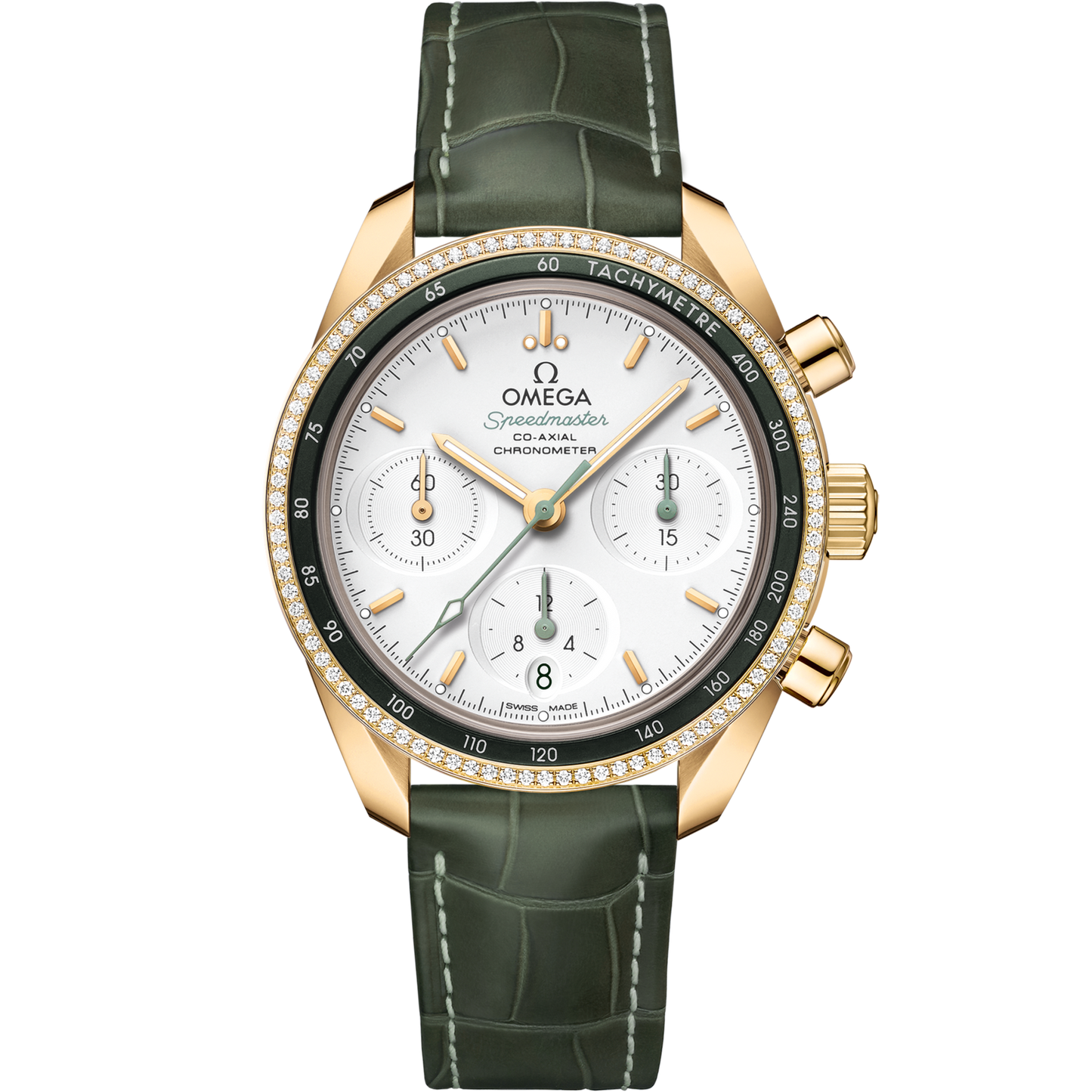 Omega Speedmaster 38  Silver Dial 38 mm  with Diamonds  18k Yellow Gold Strap 324.68.38.50.02.004