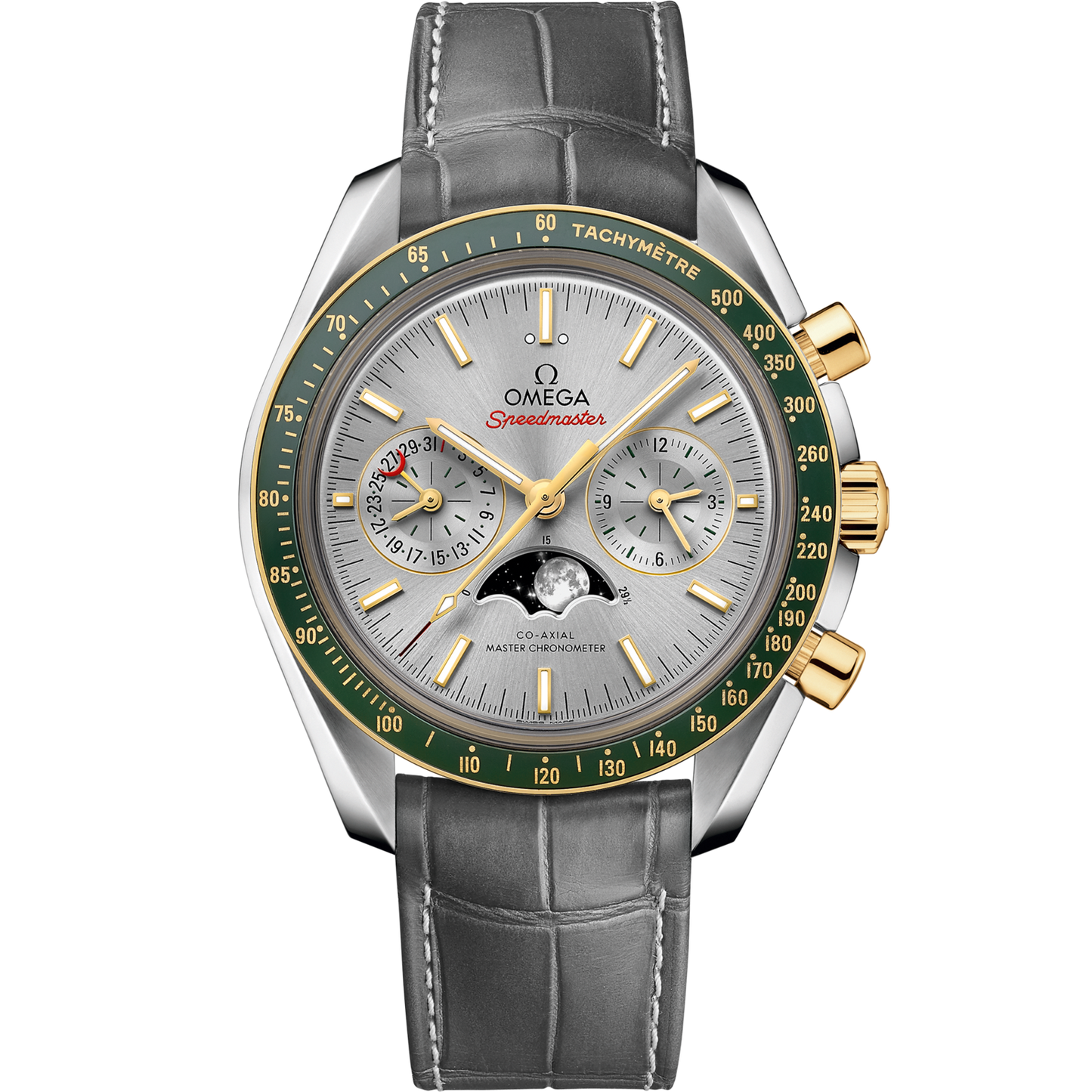 Omega Speedmaster Moonphase Grey Dial 44.25 mm Stainless Steel 18k Yellow Gold Strap 304.23.44.52.06.001