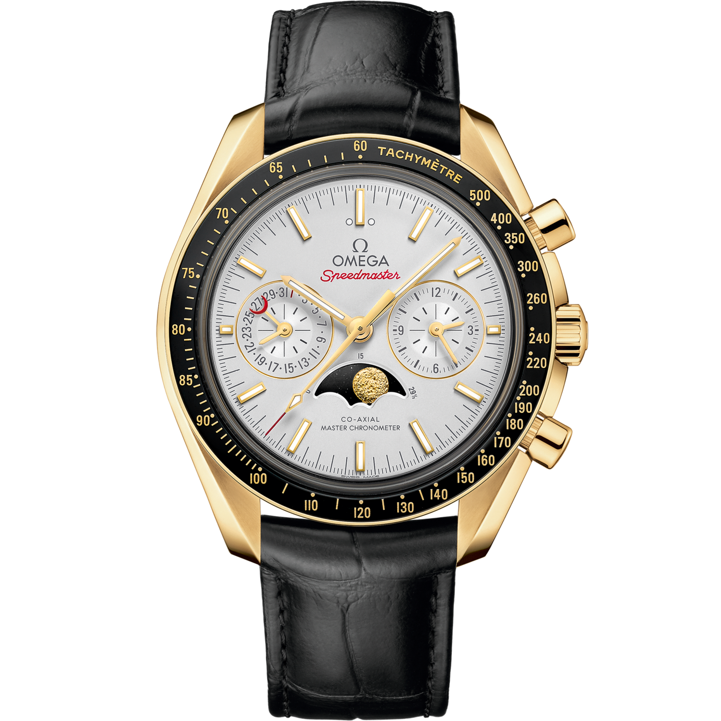 Omega Speedmaster Moonphase Silver Dial 44.25 mm 18k Yellow Gold Strap 304.63.44.52.02.001