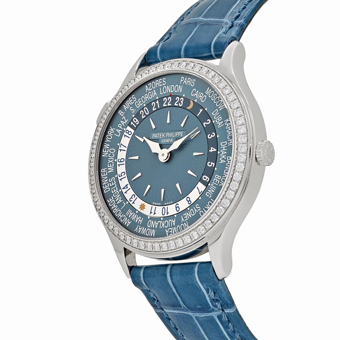 Patek Philippe Complications 7130G-016 Ladies World Time l White Gold Gray-Blue Dial Diamond Bezel (2024)
