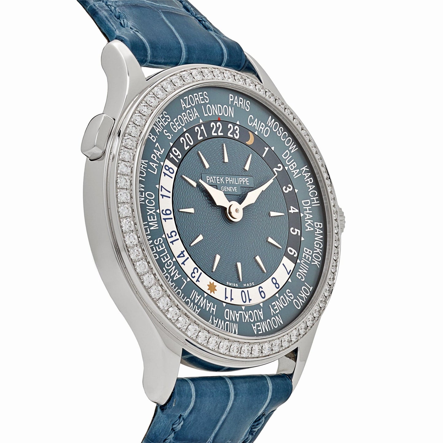 Patek Philippe Complications 7130G-016 Ladies World Time l White Gold Gray-Blue Dial Diamond Bezel (2024)