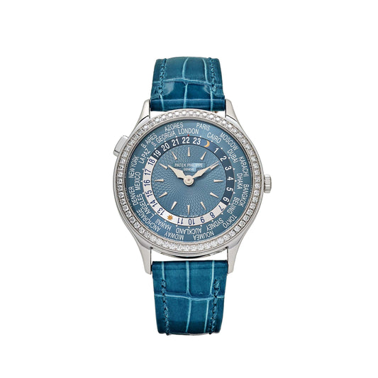 Patek Philippe Complications 7130G-016 Ladies World Time l White Gold Gray-Blue Dial Diamond Bezel (2024)