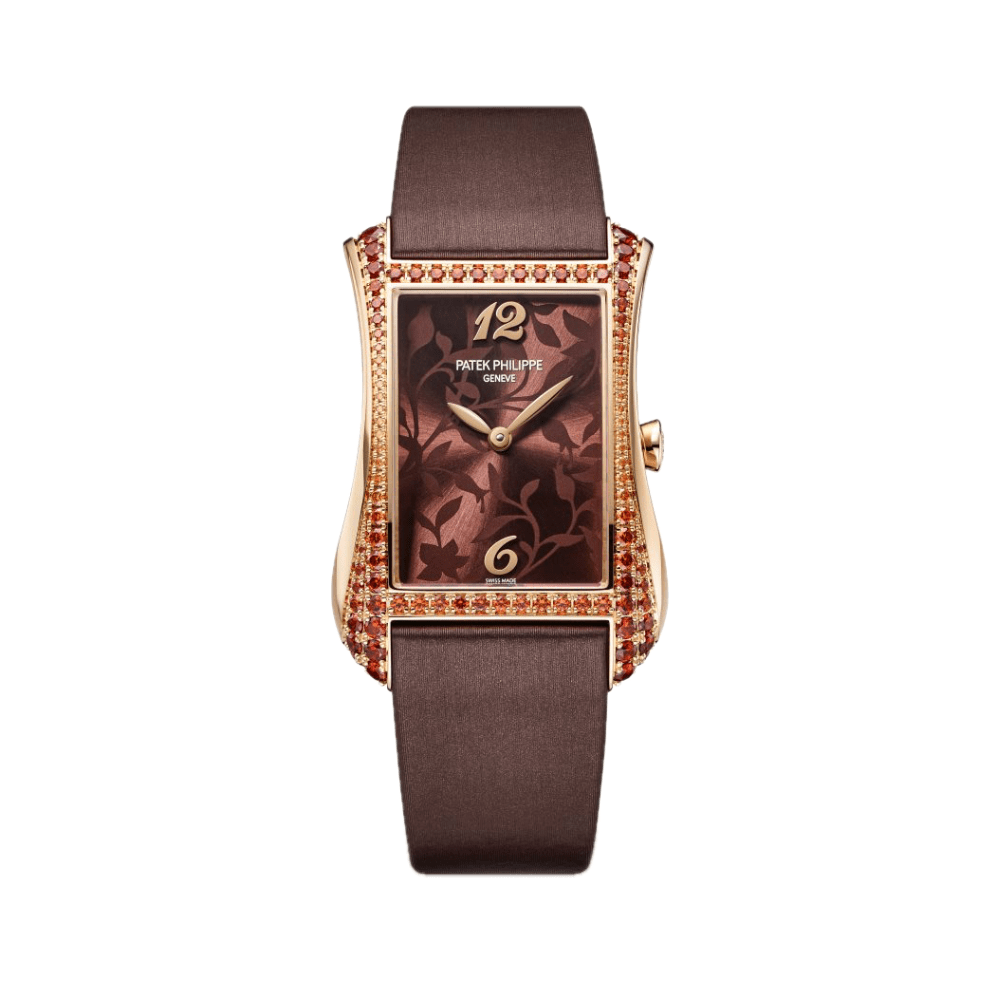 Patek Philippe Gondolo 4962/200R-001 Rose Gold Spessartine Bezel Breguet Numerals Brown Floral Motif Dial