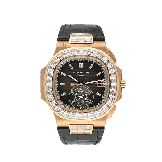 Patek Philippe Nautilus 5980R-010 Flyback Chronograph Rose Gold Black Dial Diamond Bezel