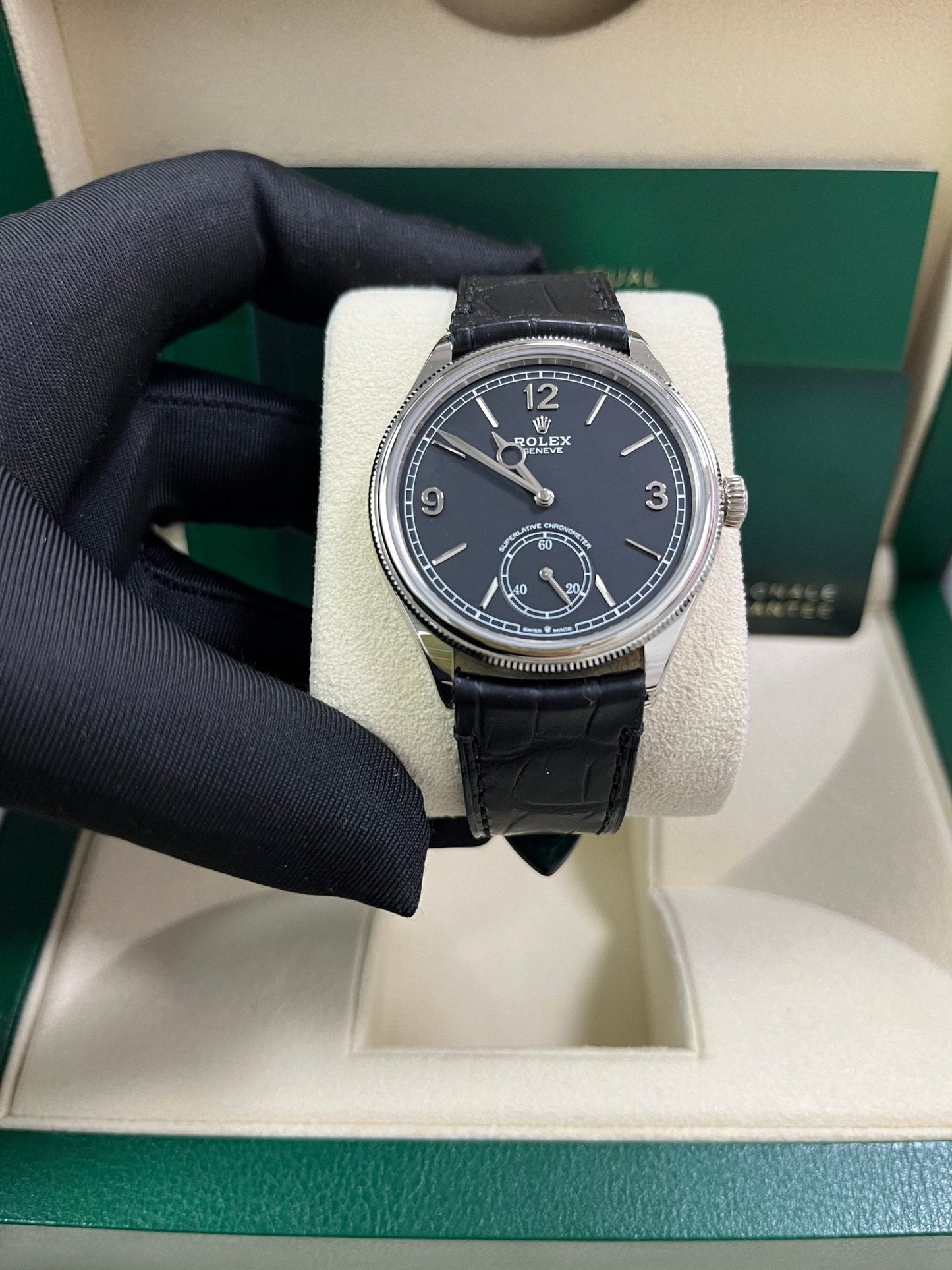 Rolex 1908 Domed And Fluted Bezel Black Index Arabic Dial Alligator Leather Strap 52509