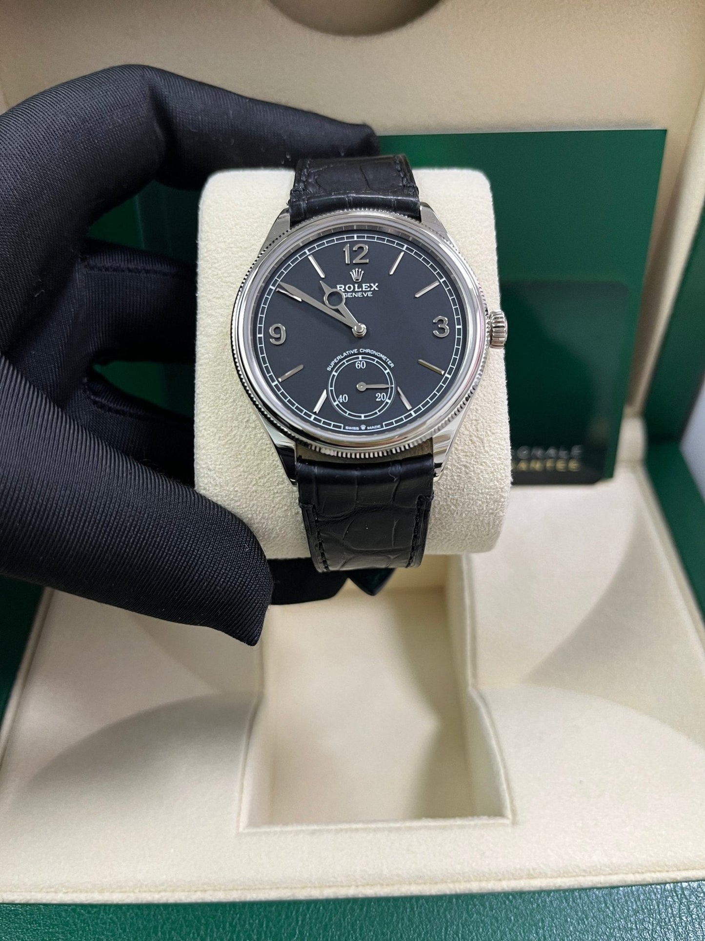 Rolex 1908 Domed And Fluted Bezel Black Index Arabic Dial Alligator Leather Strap 52509