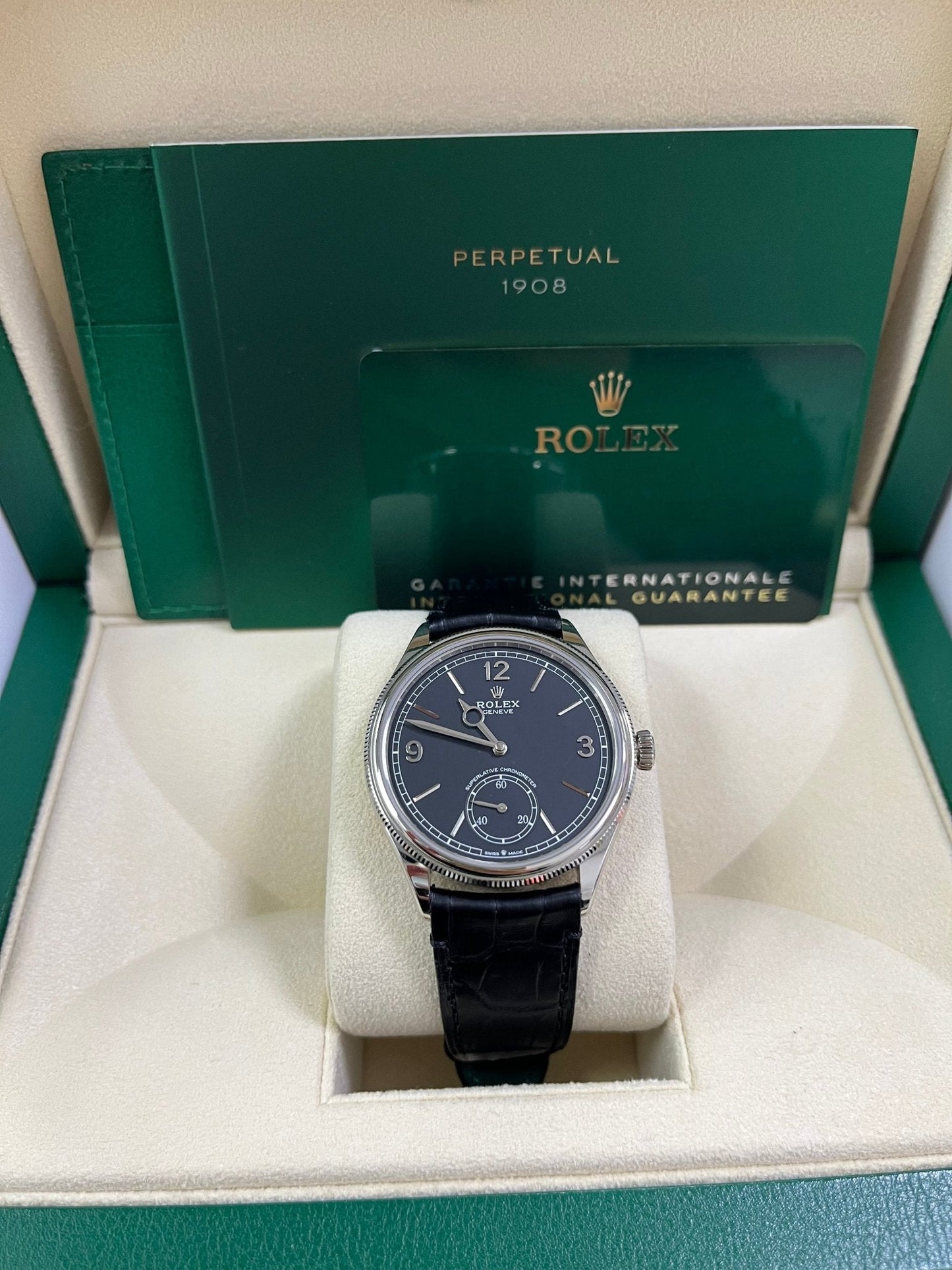 Rolex 1908 Domed And Fluted Bezel Black Index Arabic Dial Alligator Leather Strap 52509