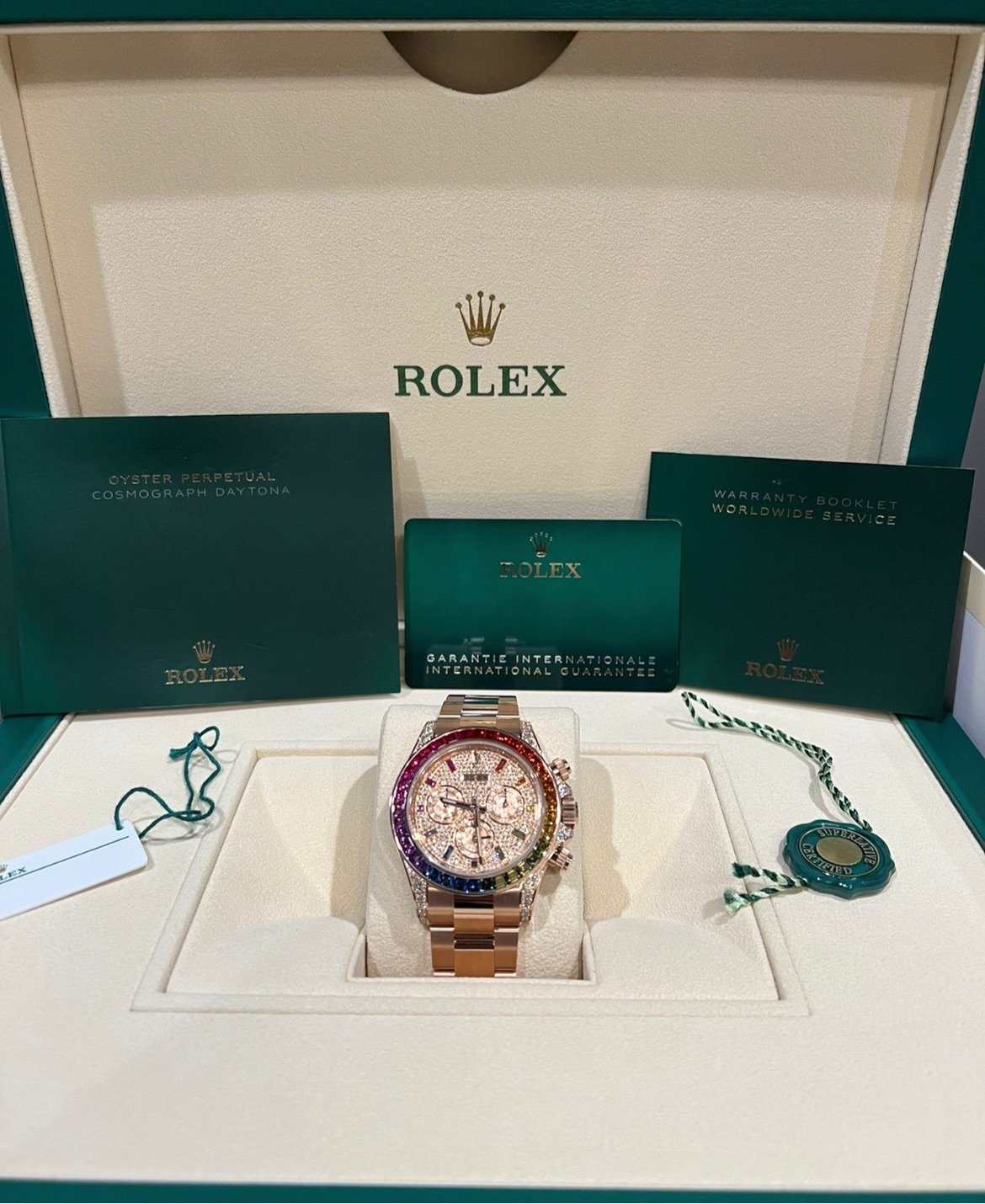 Rolex Cosmograph Everose Daytona Factory Diamond Rainbow Edition Ref# 116595RBOW)