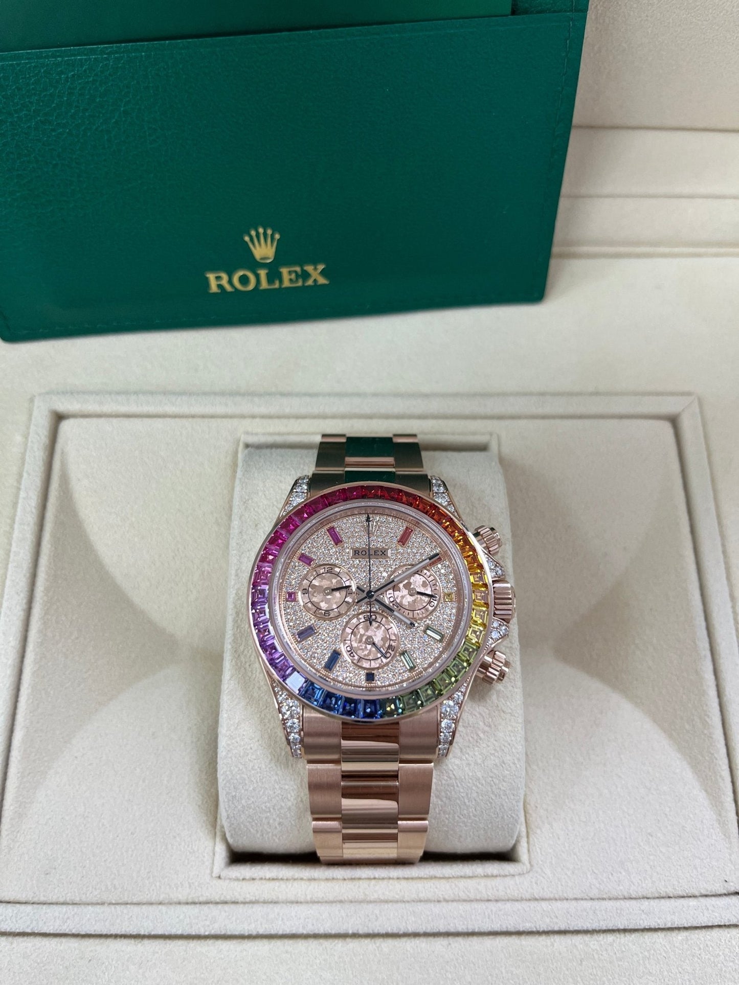Rolex Cosmograph Everose Daytona Factory Diamond Rainbow Edition Ref# 116595RBOW)