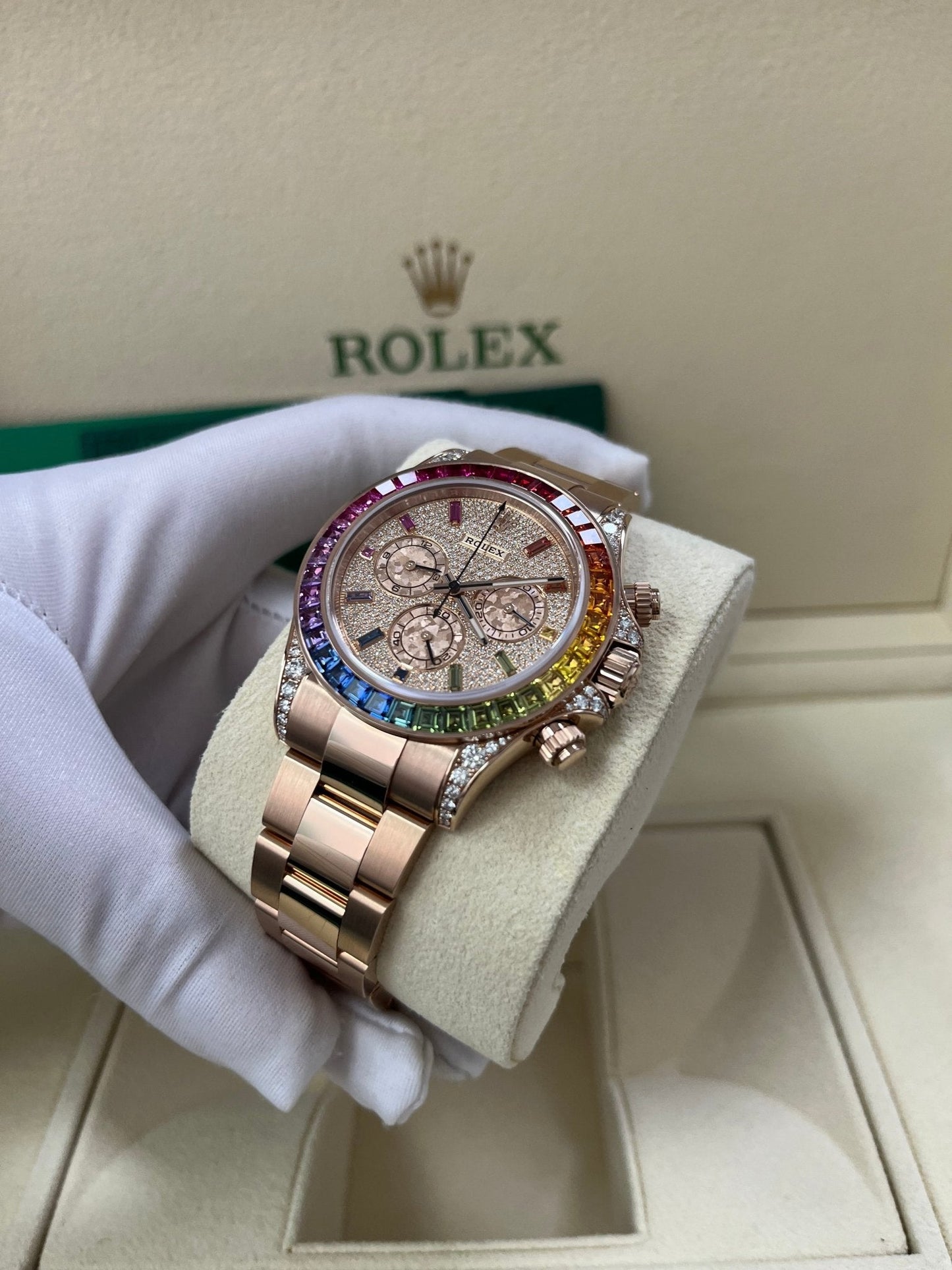 Rolex Cosmograph Everose Daytona Factory Diamond Rainbow Edition Ref# 116595RBOW)