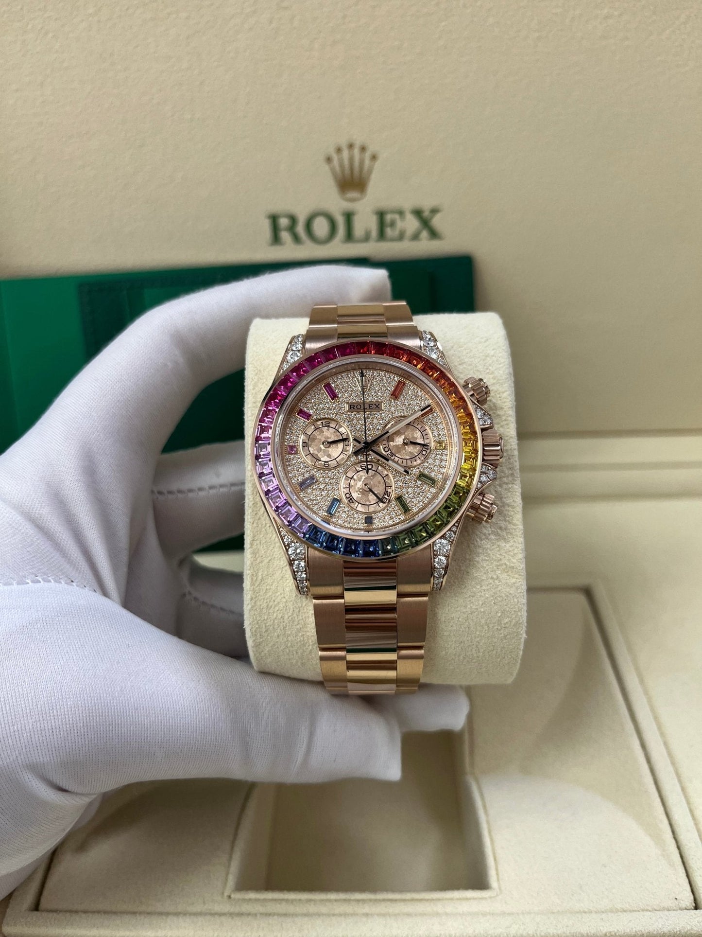 Rolex Cosmograph Everose Daytona Factory Diamond Rainbow Edition Ref# 116595RBOW)