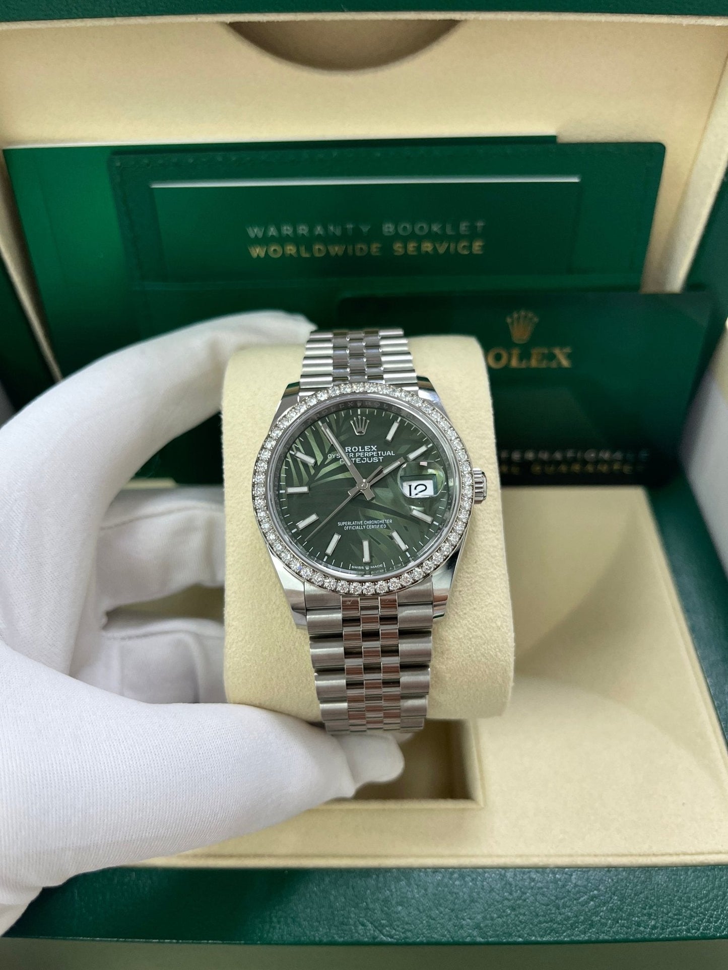 Rolex Datejust 36 Steel Diamond Bezel Olive Green Palm Index Dial Jubilee Band 126284rbr