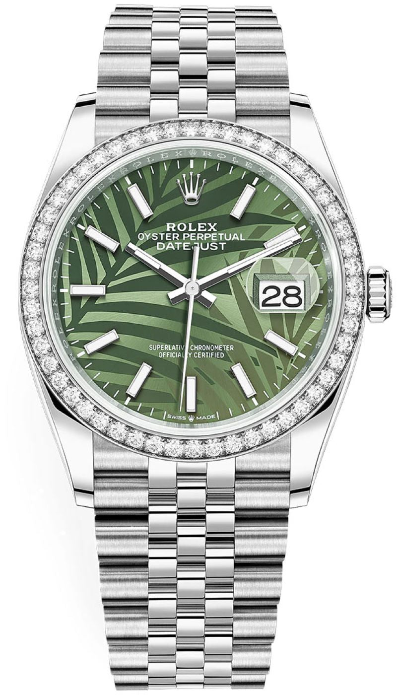 Rolex Datejust 36 Steel Diamond Bezel Olive Green Palm Index Dial Jubilee Band 126284rbr