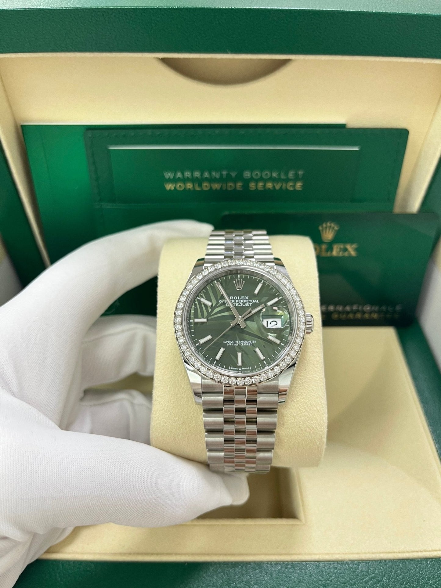 Rolex Datejust 36 Steel Diamond Bezel Olive Green Palm Index Dial Jubilee Band 126284rbr
