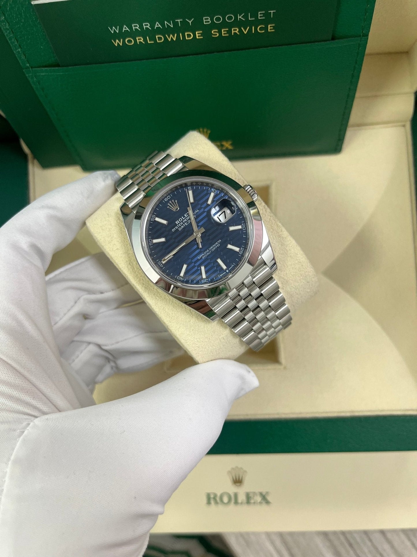 Rolex Datejust 41 Blue Motif Dial Smooth Bezel Jubilee Bracelet 126300