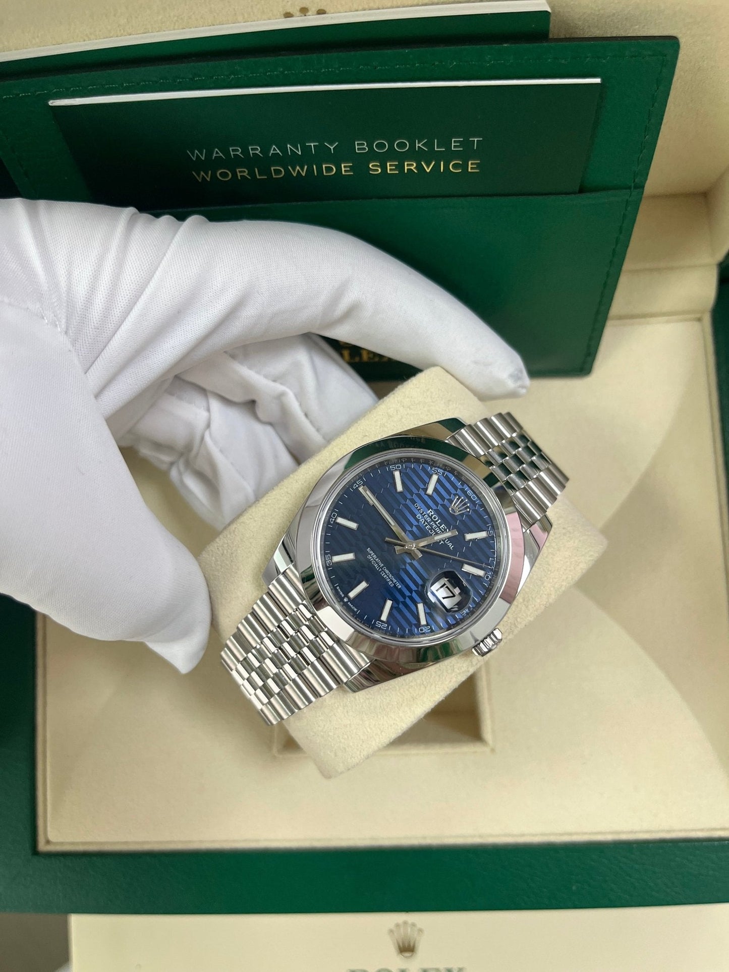 Rolex Datejust 41 Blue Motif Dial Smooth Bezel Jubilee Bracelet 126300