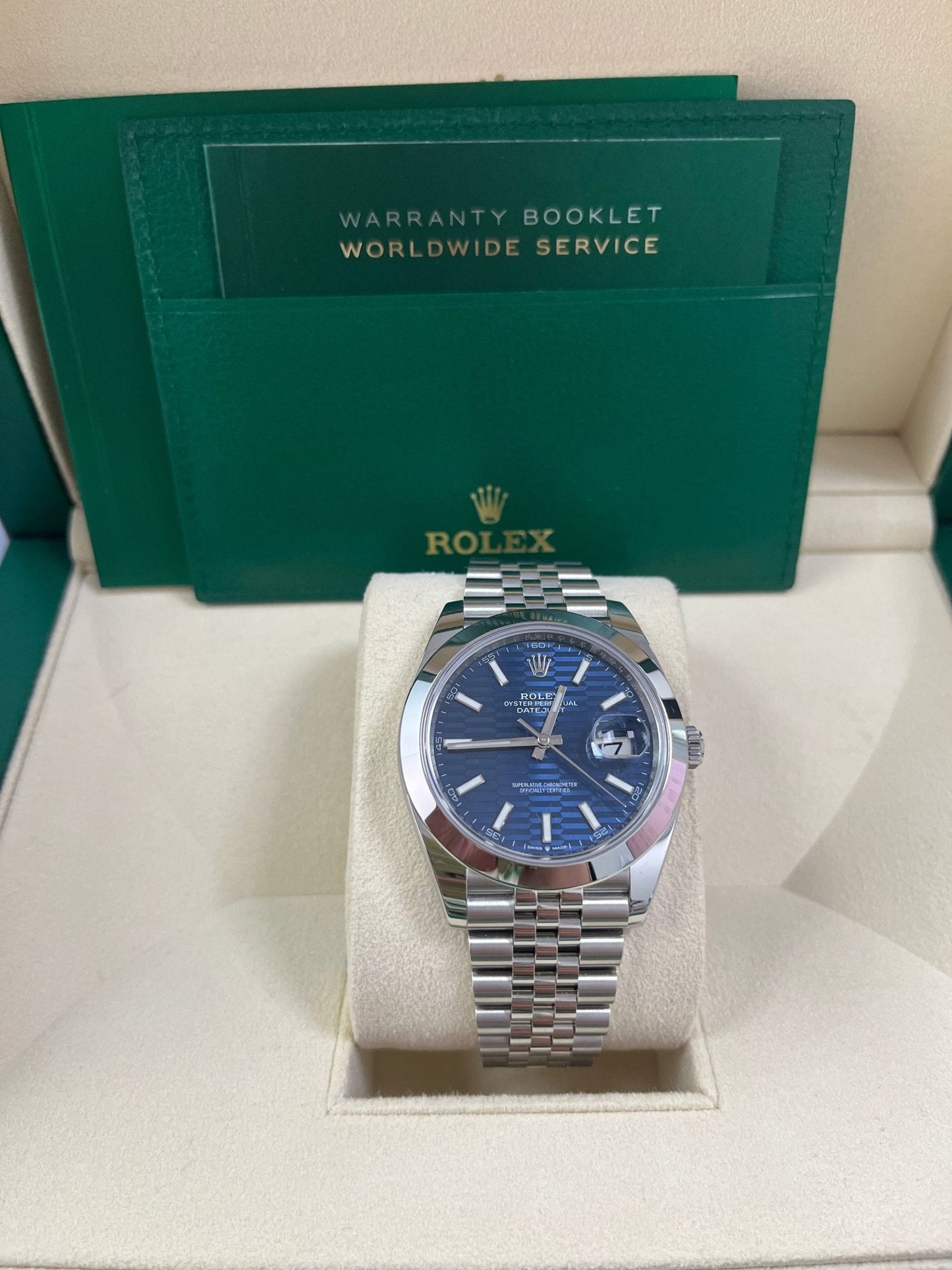 Rolex Datejust 41 Blue Motif Dial Smooth Bezel Jubilee Bracelet 126300