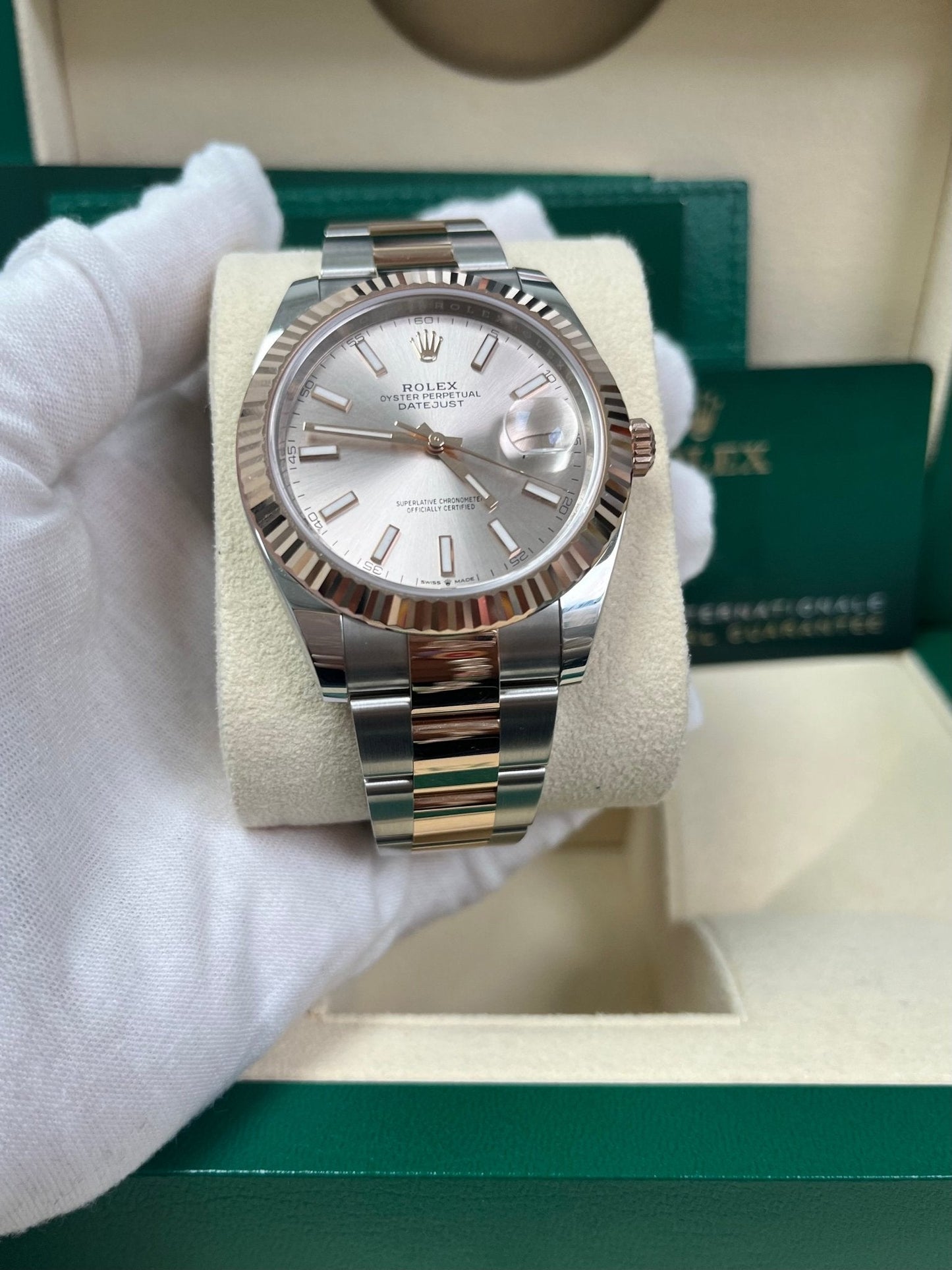Rolex Datejust 41 Two-Tone Stainless Steel and Rose Gold / Sundust Index Dial / Fluted Bezel / Oyster Bracelet (Ref#126331)