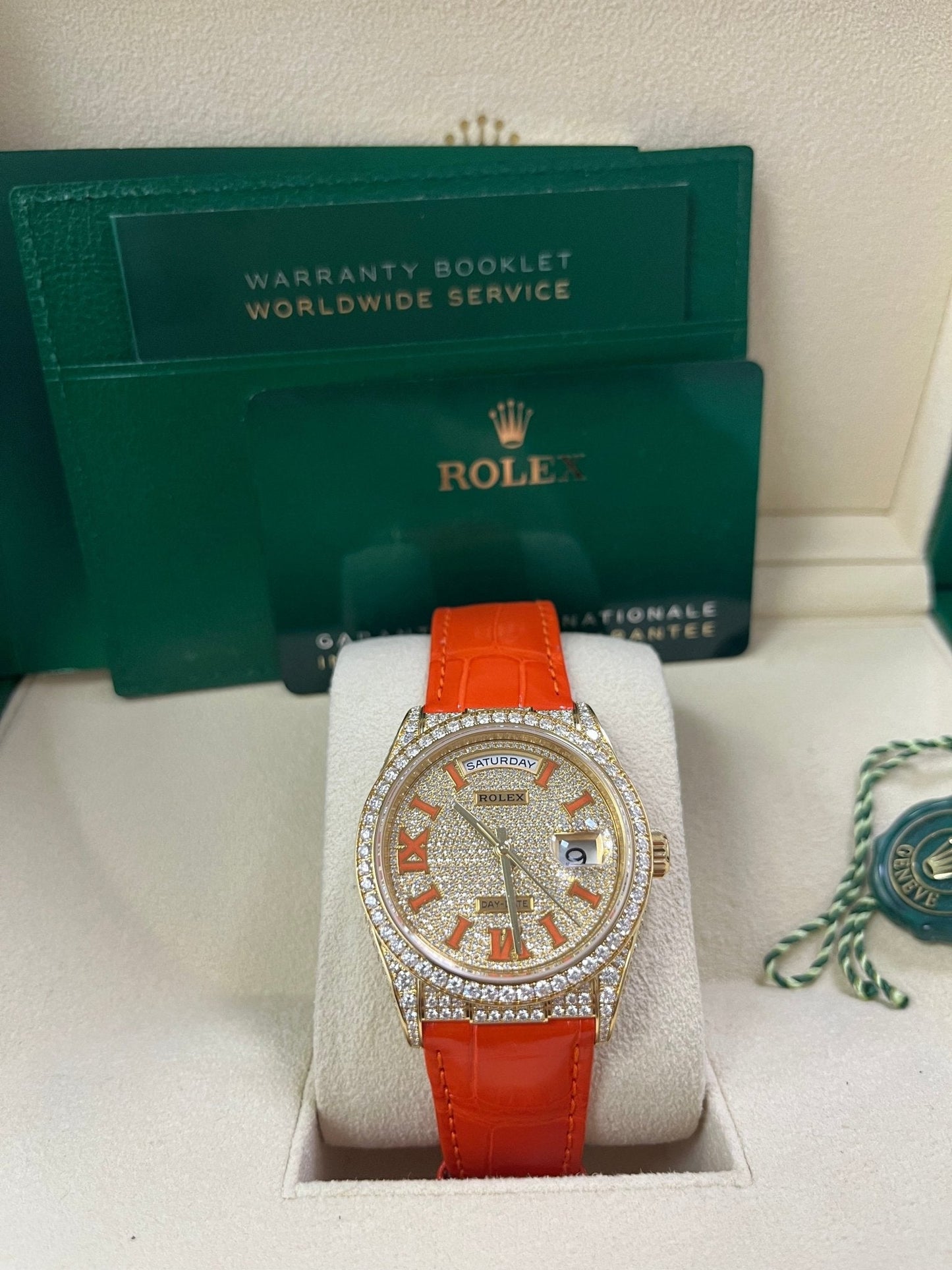 Rolex Day-Date 36 Orange Alligator Strap Pave Dial 128158rbr