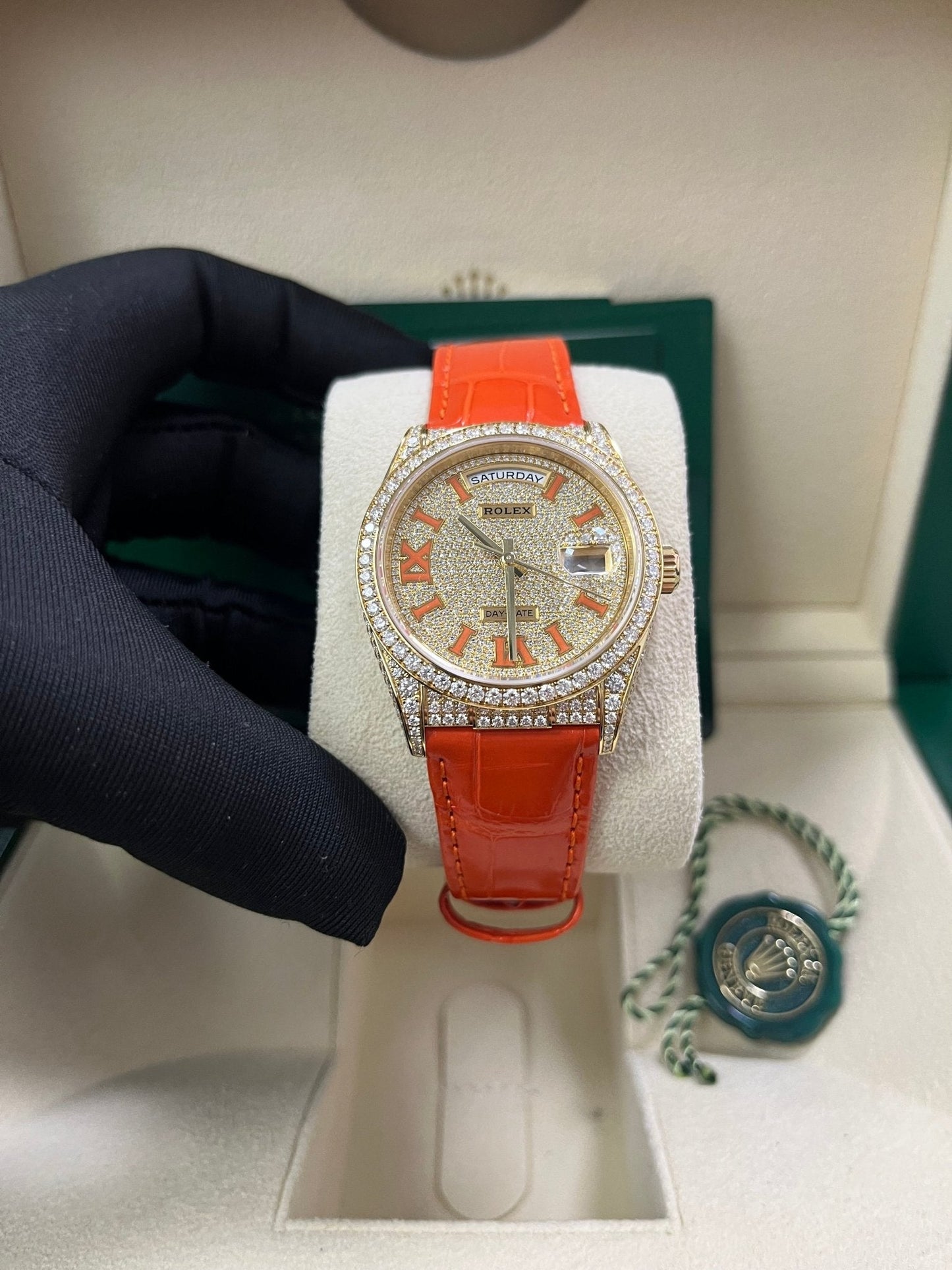 Rolex Day-Date 36 Orange Alligator Strap Pave Dial 128158rbr