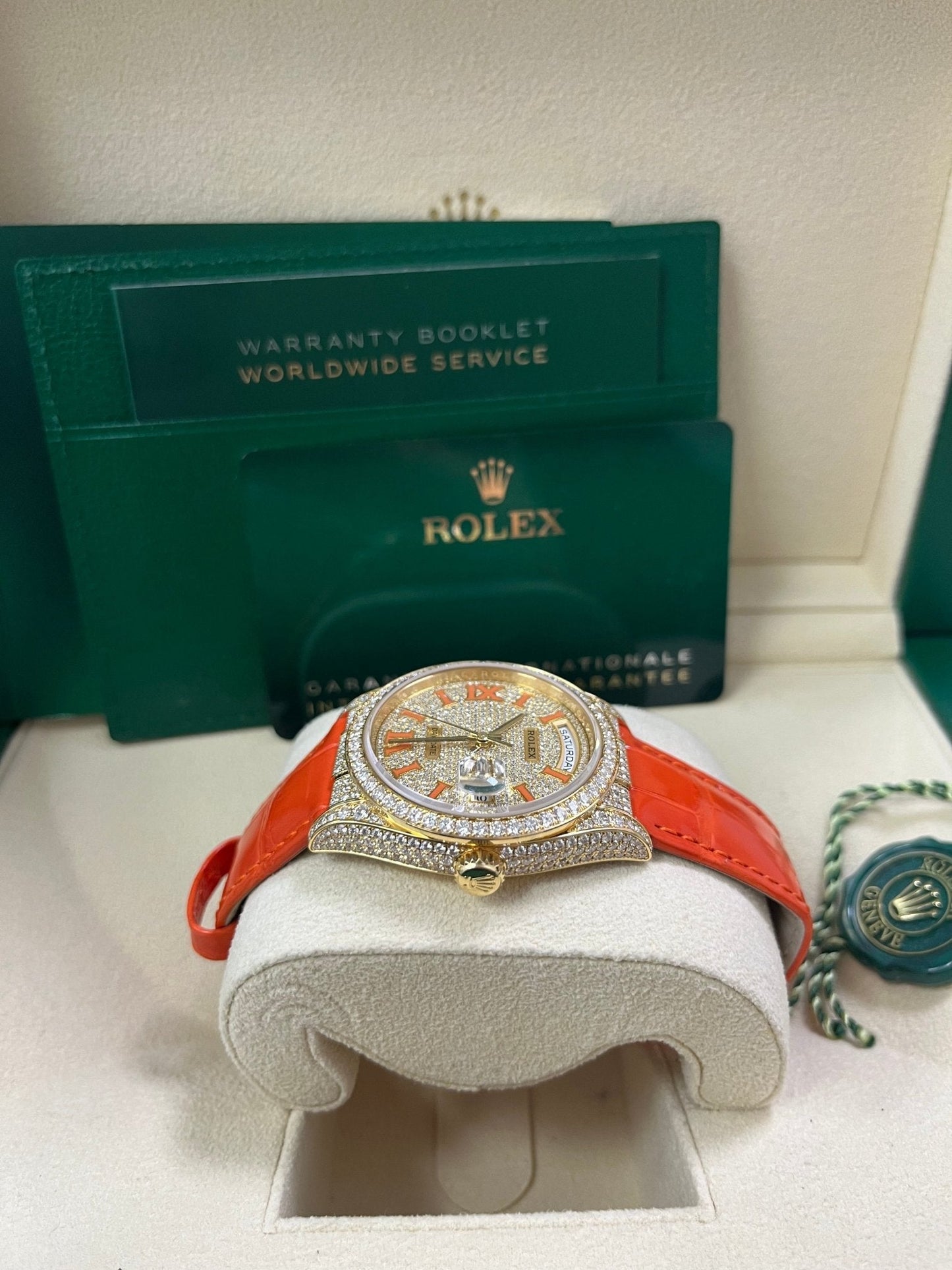 Rolex Day-Date 36 Orange Alligator Strap Pave Dial 128158rbr