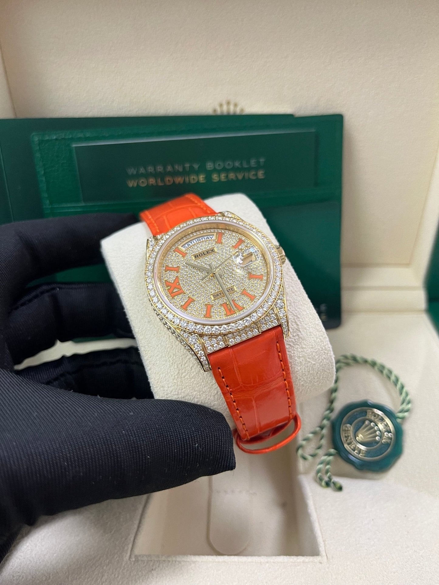Rolex Day-Date 36 Orange Alligator Strap Pave Dial 128158rbr