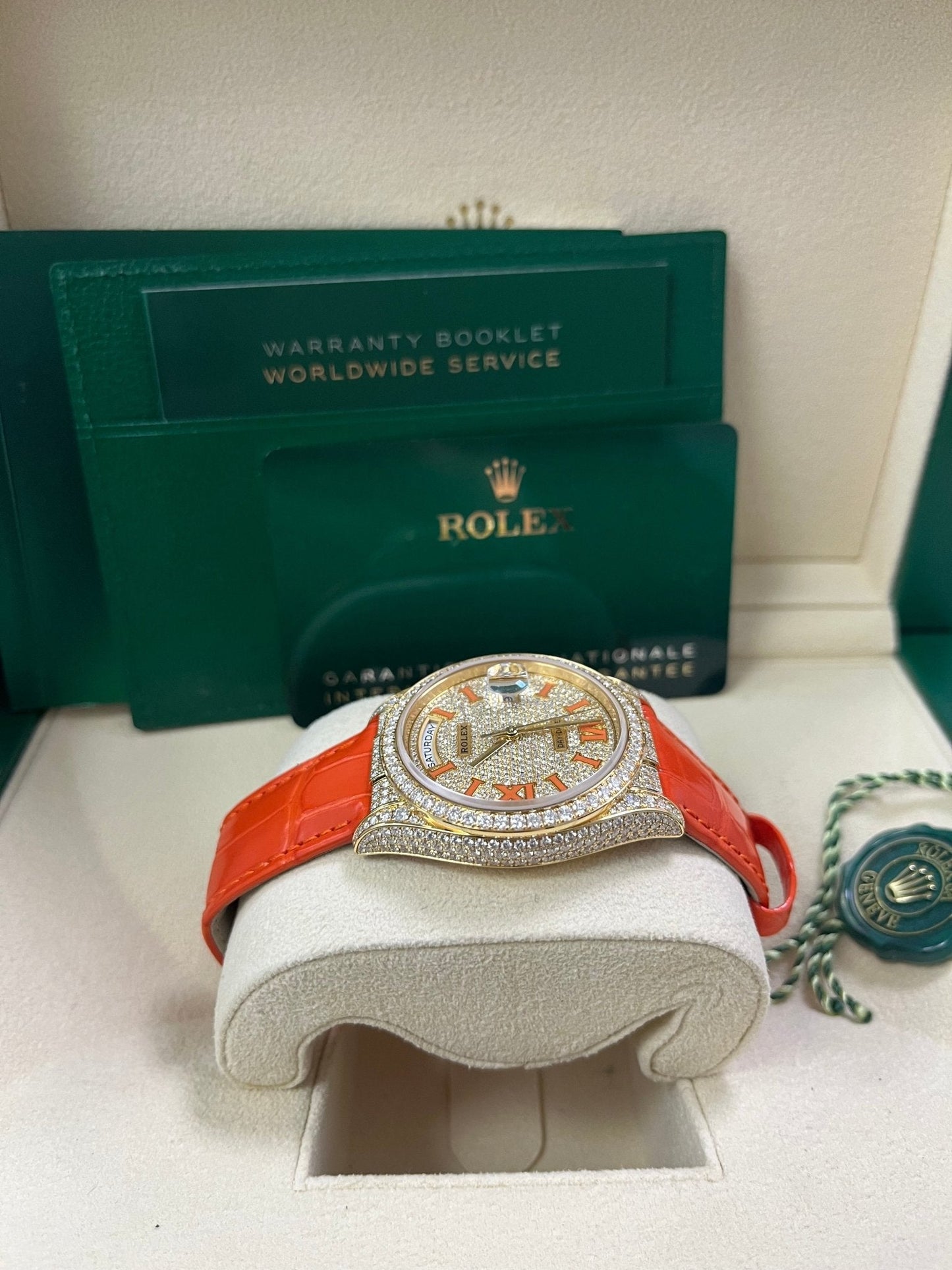 Rolex Day-Date 36 Orange Alligator Strap Pave Dial 128158rbr