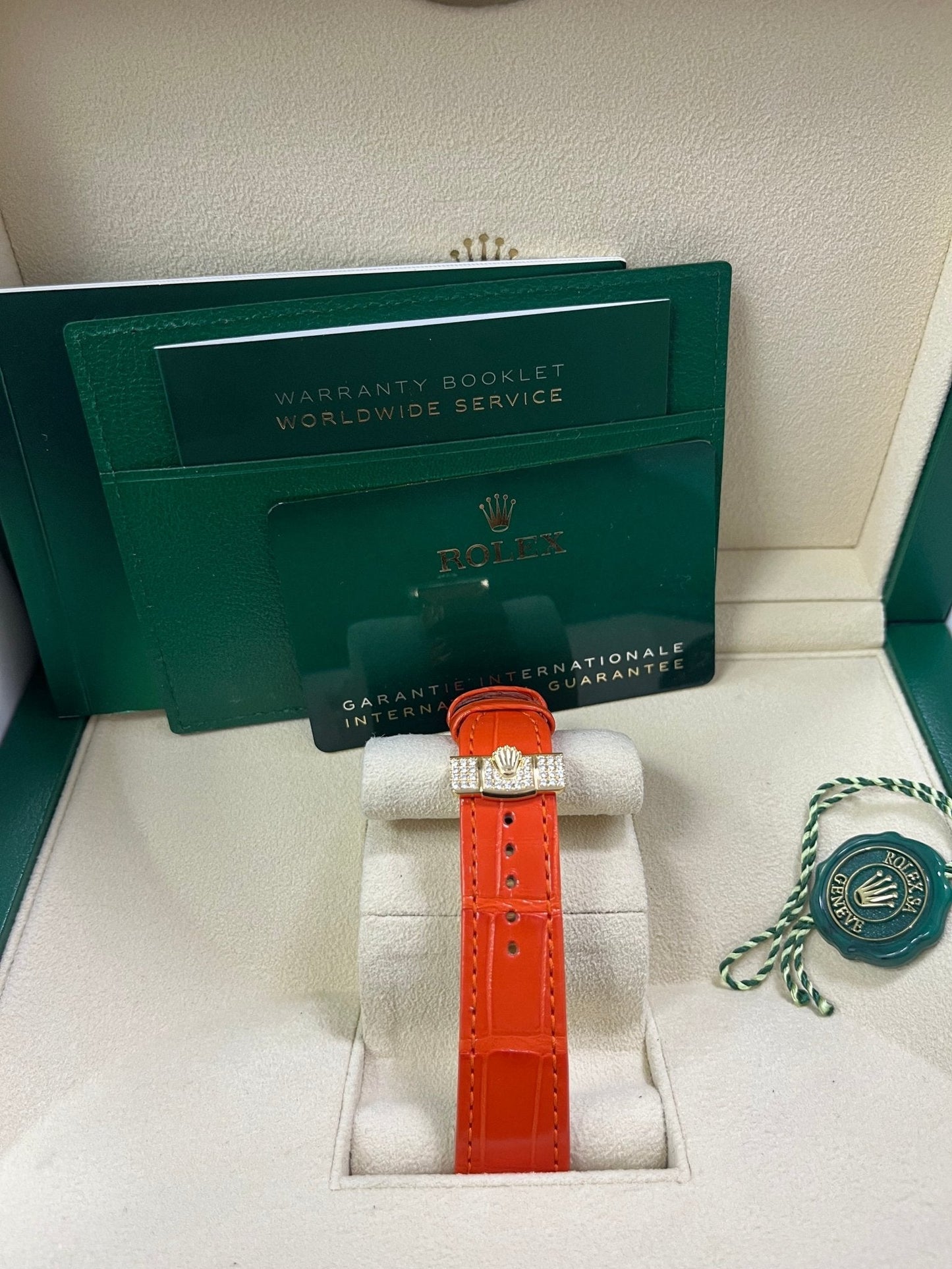 Rolex Day-Date 36 Orange Alligator Strap Pave Dial 128158rbr