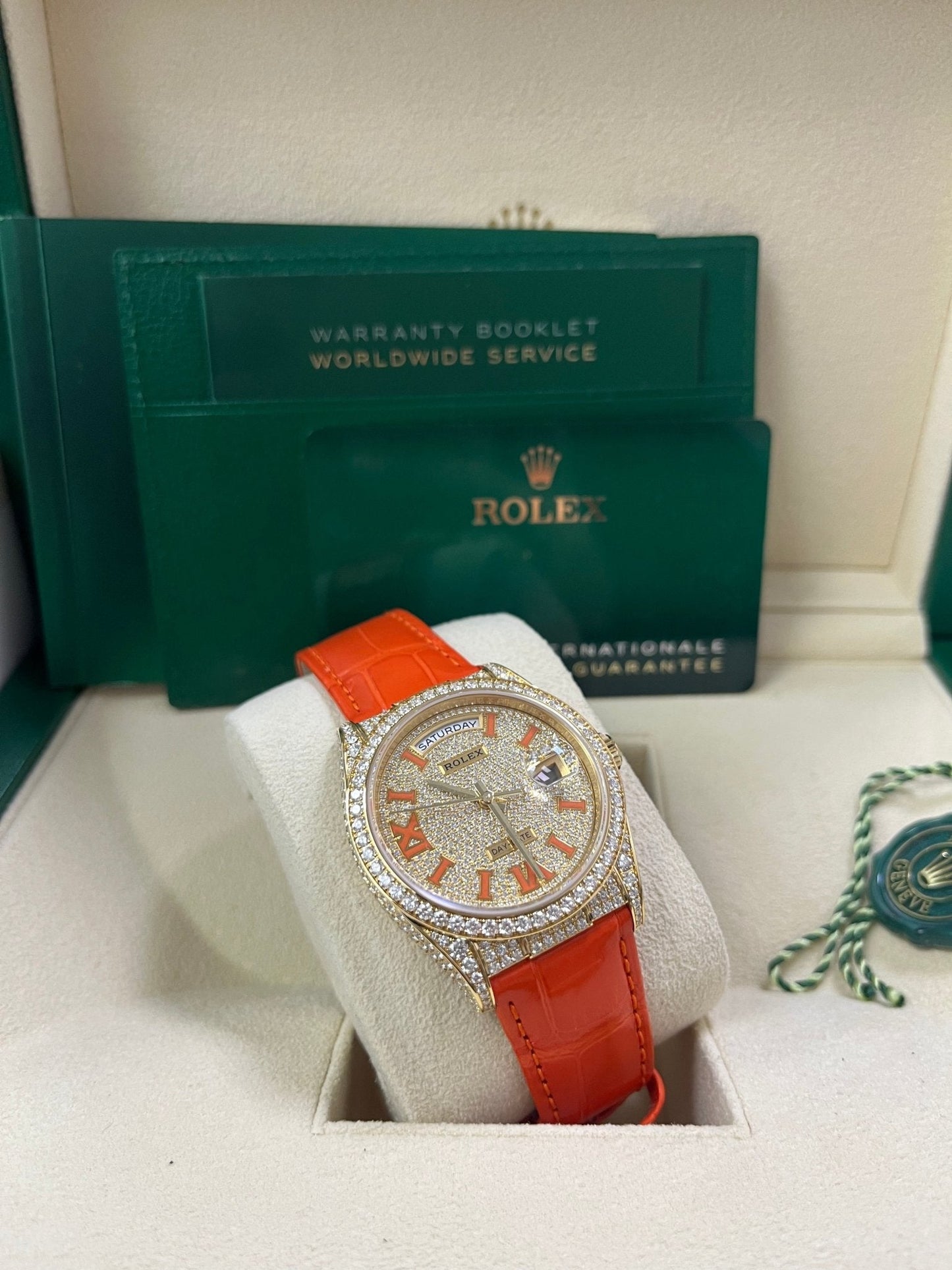 Rolex Day-Date 36 Orange Alligator Strap Pave Dial 128158rbr