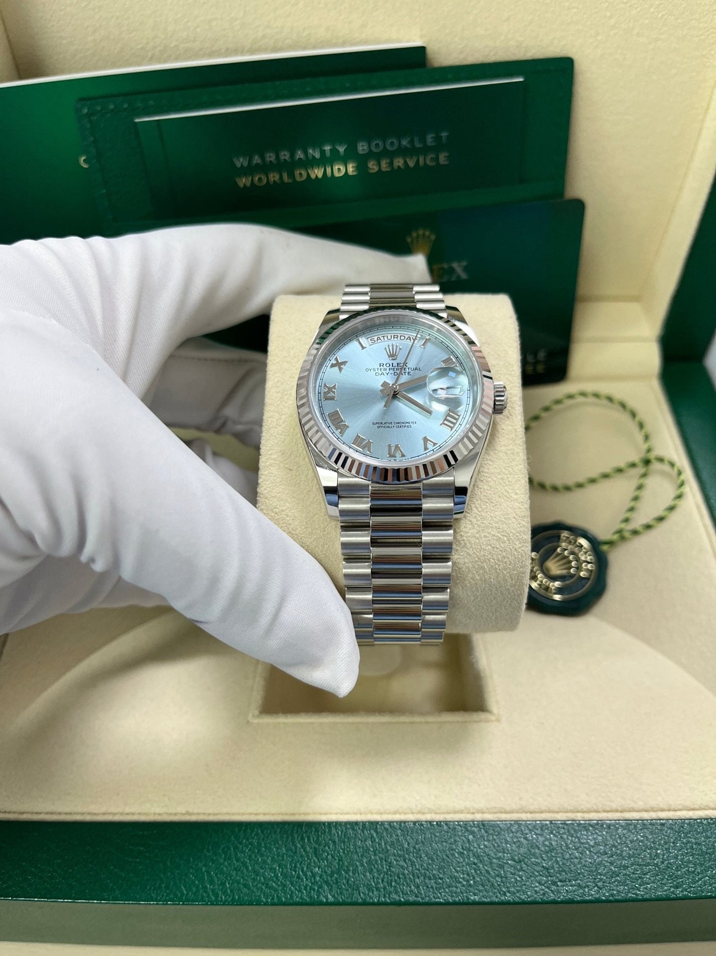 Rolex Day-Date 36 Platinum Ice Blue Roman Dial President Bracelet 128236