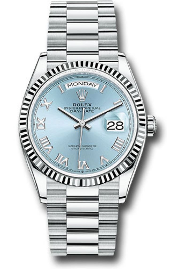 Rolex Day-Date 36 Platinum Ice Blue Roman Dial President Bracelet 128236