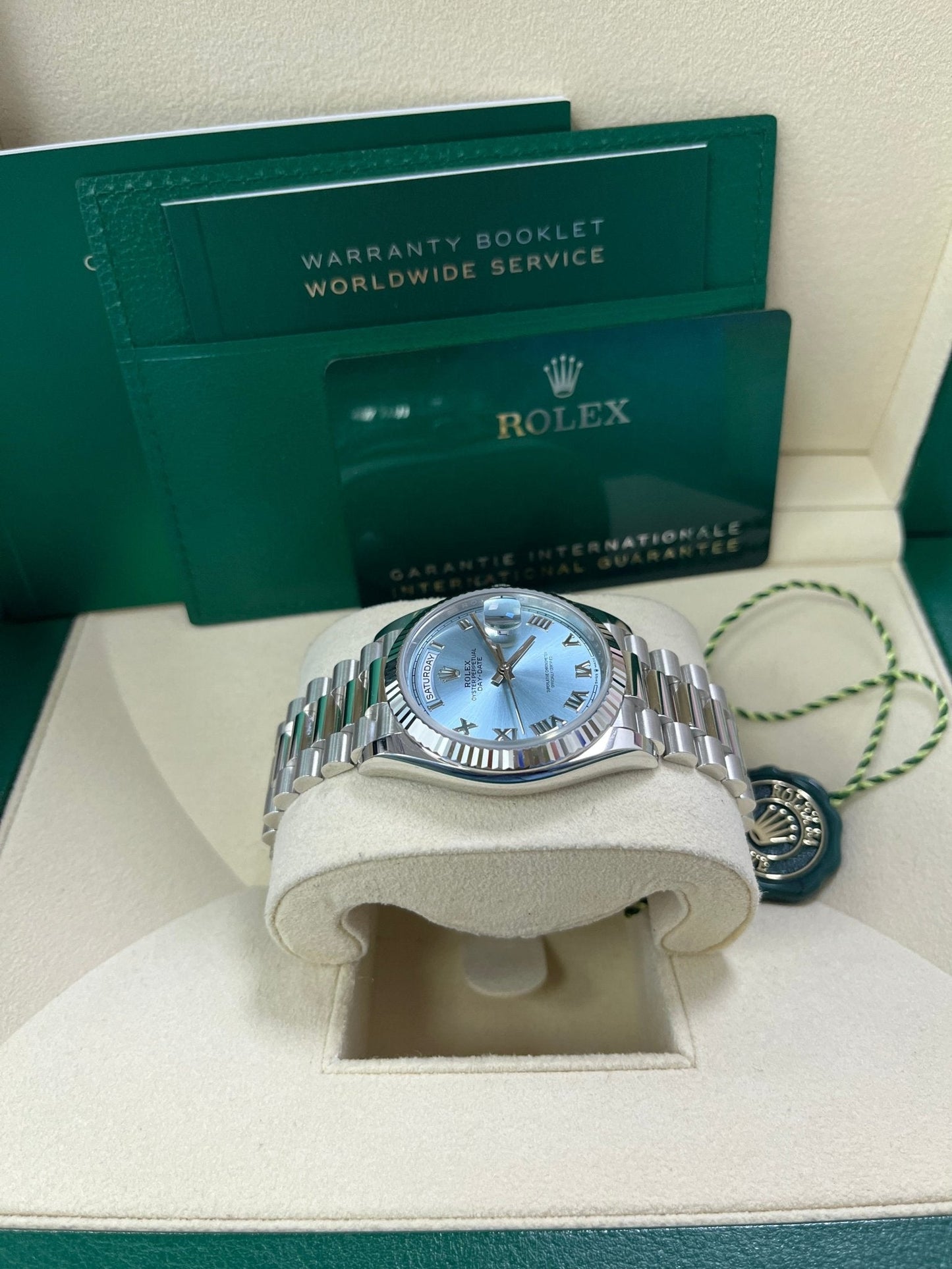 Rolex Day-Date 36 Platinum Ice Blue Roman Dial President Bracelet 128236