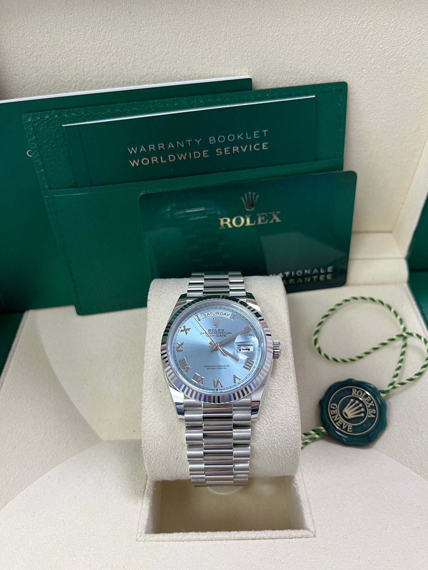 Rolex Day-Date 36 Platinum Ice Blue Roman Dial President Bracelet 128236