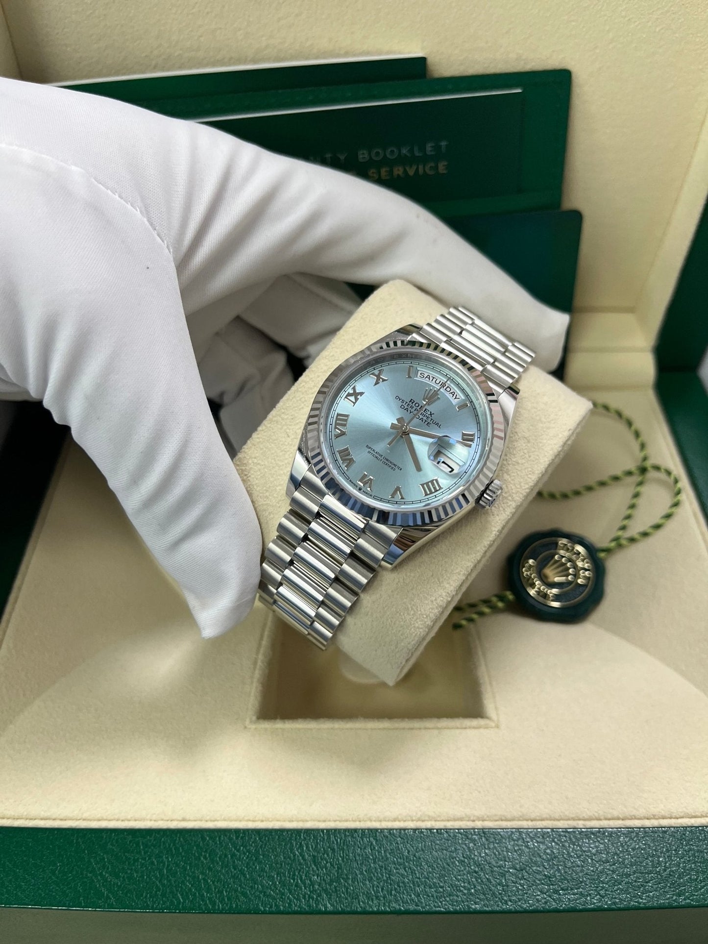 Rolex Day-Date 36 Platinum Ice Blue Roman Dial President Bracelet 128236