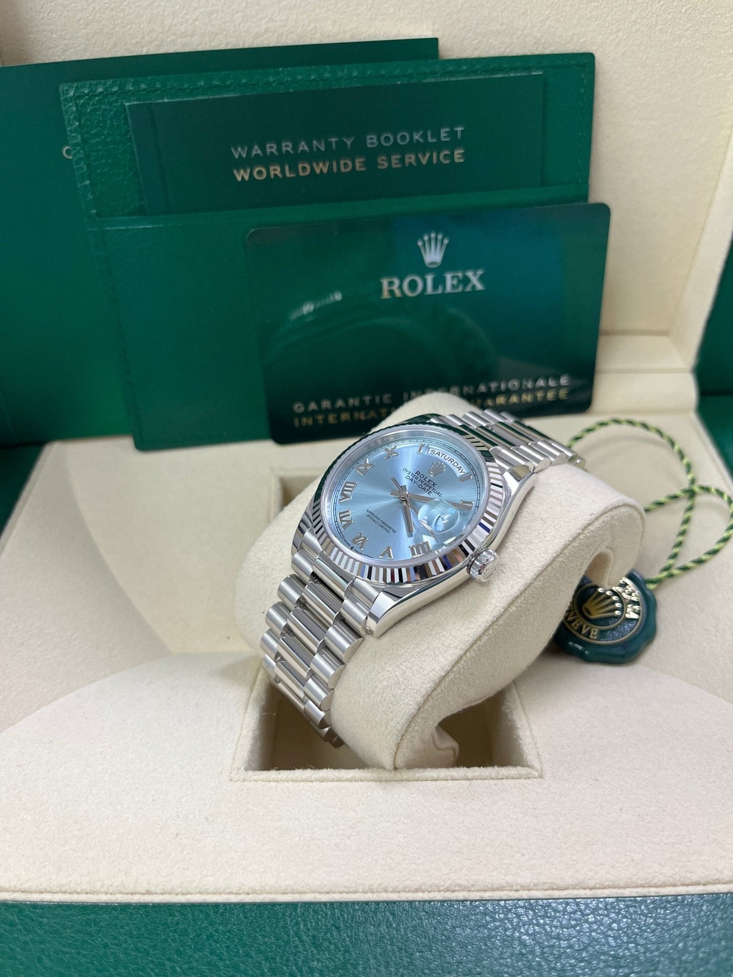 Rolex Day-Date 36 Platinum Ice Blue Roman Dial President Bracelet 128236