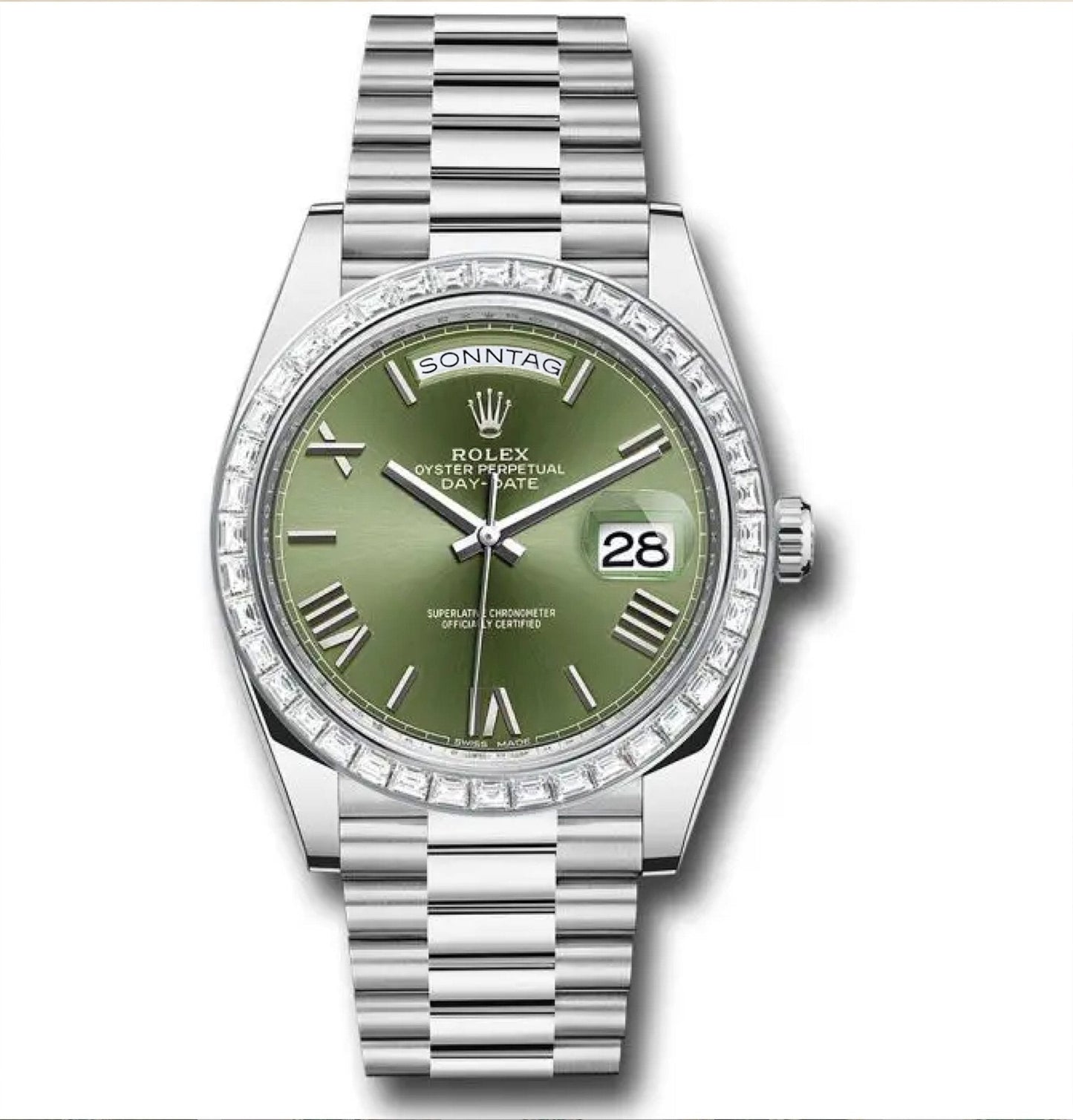 Rolex Day-Date 40 Baguette Diamond Bezel Olive Green Roman Dial President Bracelet 228396TBR German Day Wheel