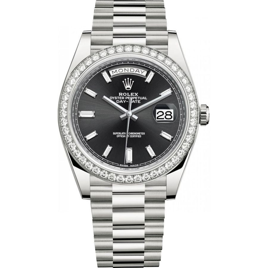 Rolex Day-Date 40 White Gold Day-Date 40 Watch - White Gold Bezel - Black Baguette Diamond Dial 228349RBR
