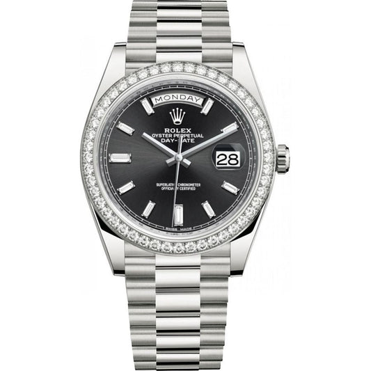 Rolex Day-Date 40 White Gold Day-Date 40 Watch - White Gold Bezel - Black Baguette Diamond Dial 228349RBR