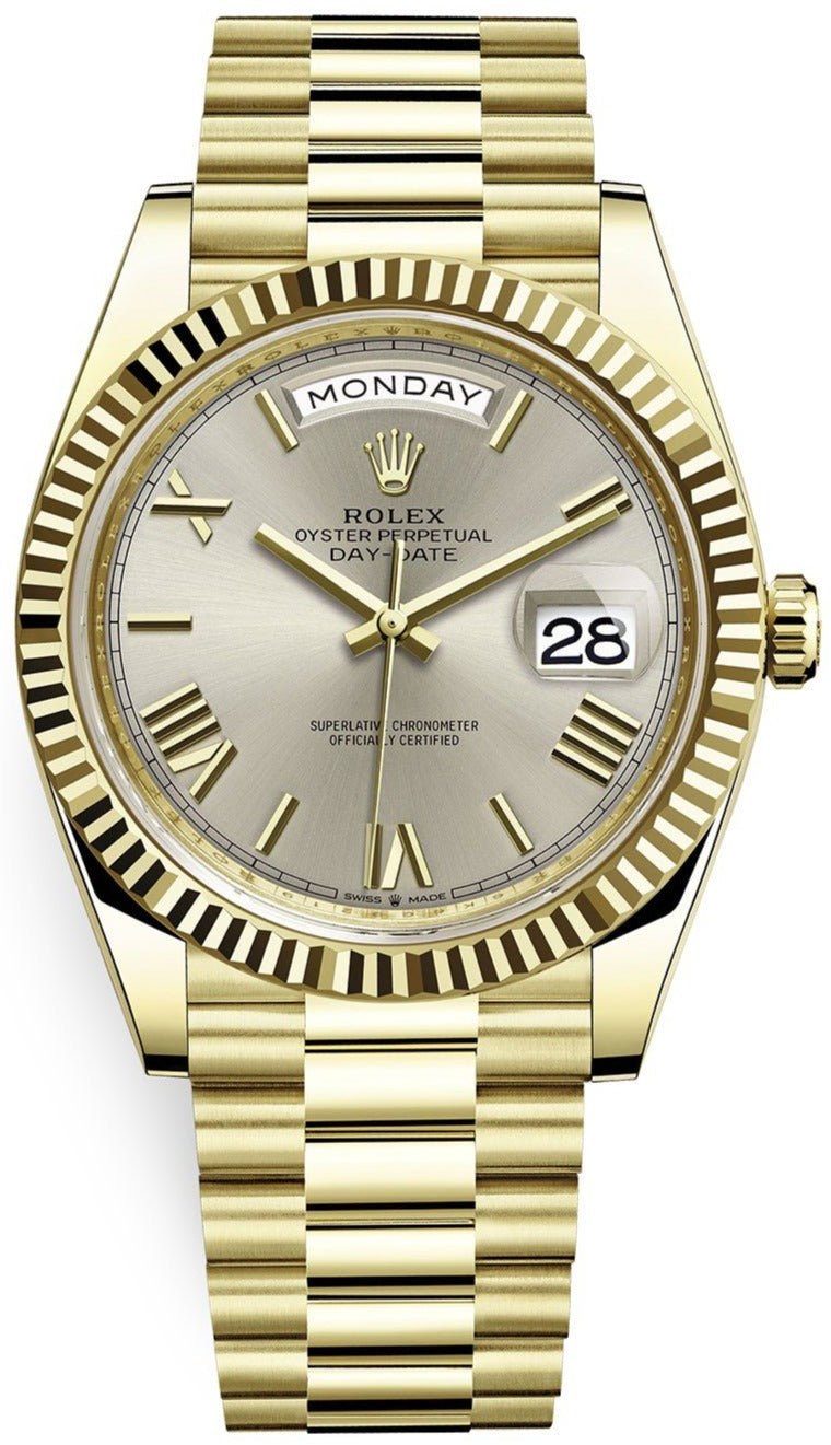 Rolex Day-Date 40 Yellow Gold Silver Roman Dial Fluted Bezel (Ref # 228238)