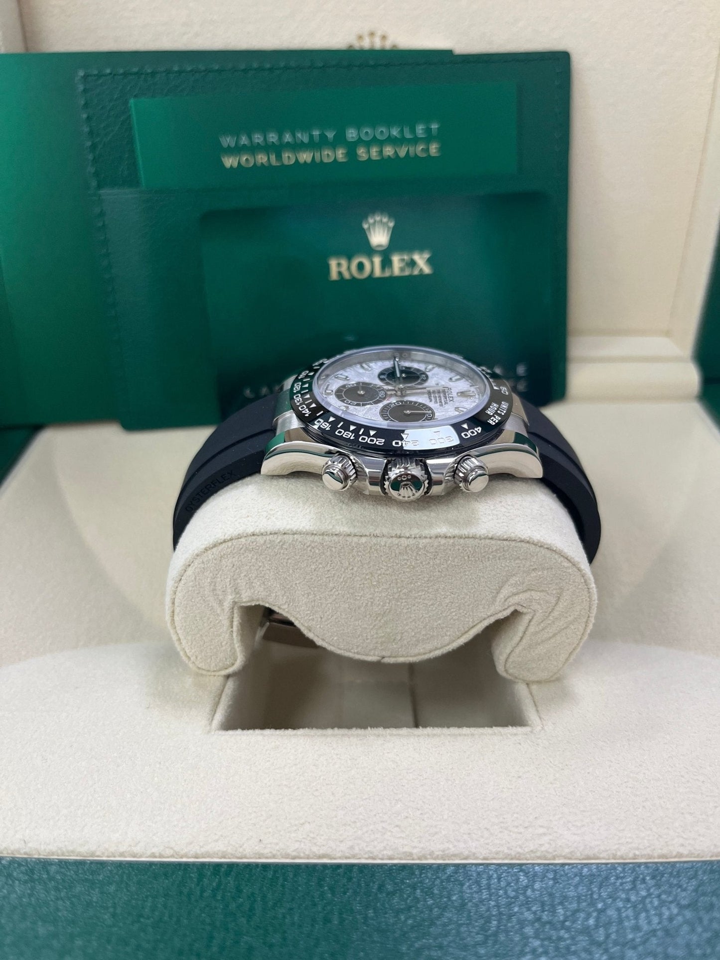 Rolex Daytona White Gold Daytona 40 Watch - Meteroite and Black Index Dial - Black Oysterflex 116519LN