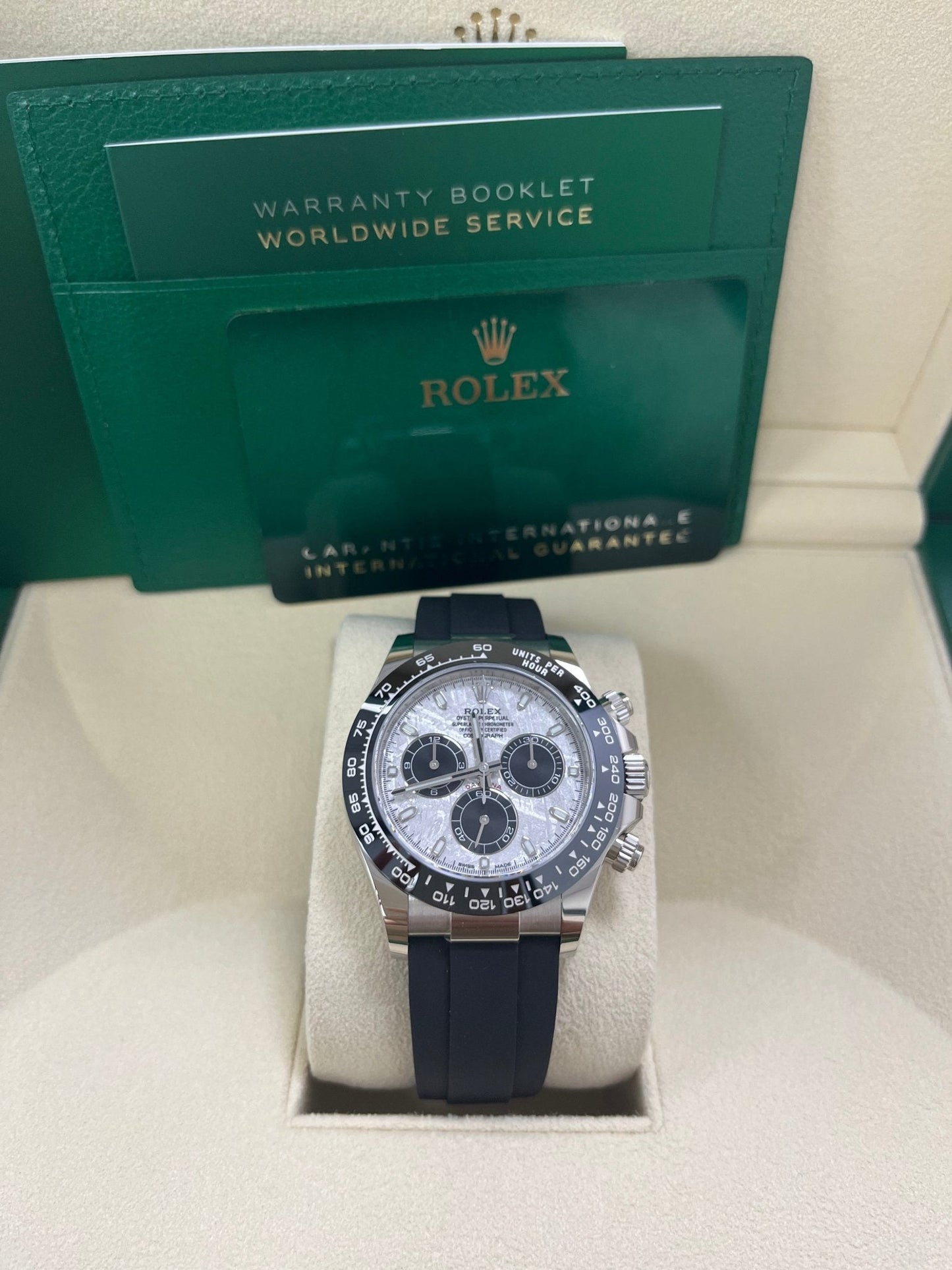 Rolex Daytona White Gold Daytona 40 Watch - Meteroite and Black Index Dial - Black Oysterflex 116519LN