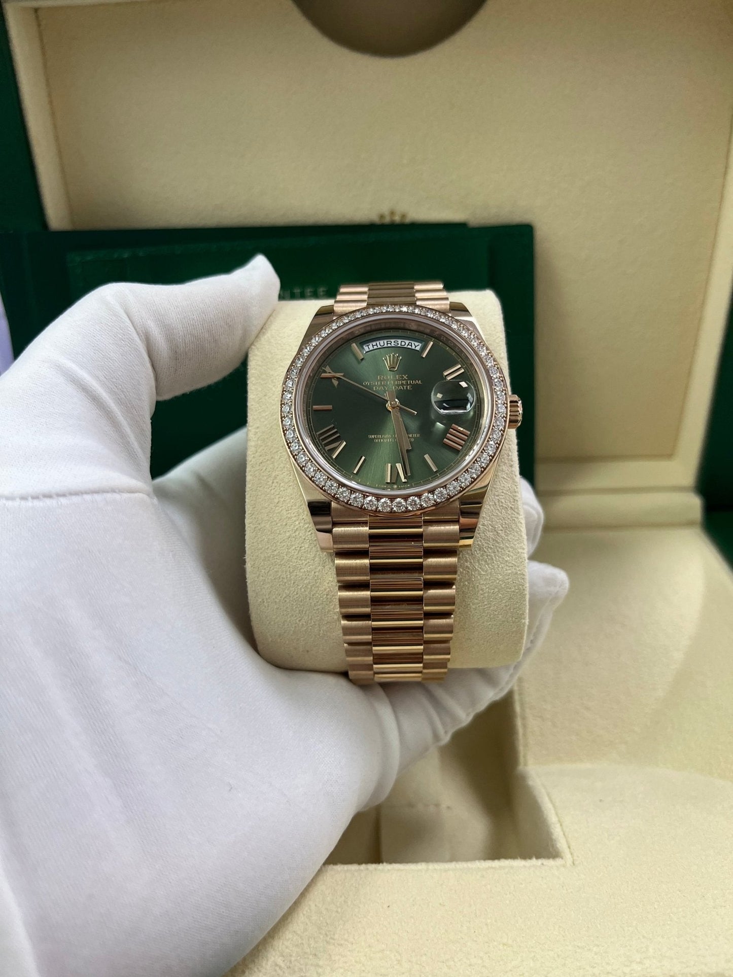 Rolex Everose Gold Day-Date 40 Watch - Everose Gold Bezel - Olive Green Bevelled Roman Dial - President Bracelet (Ref# 228345RBR)