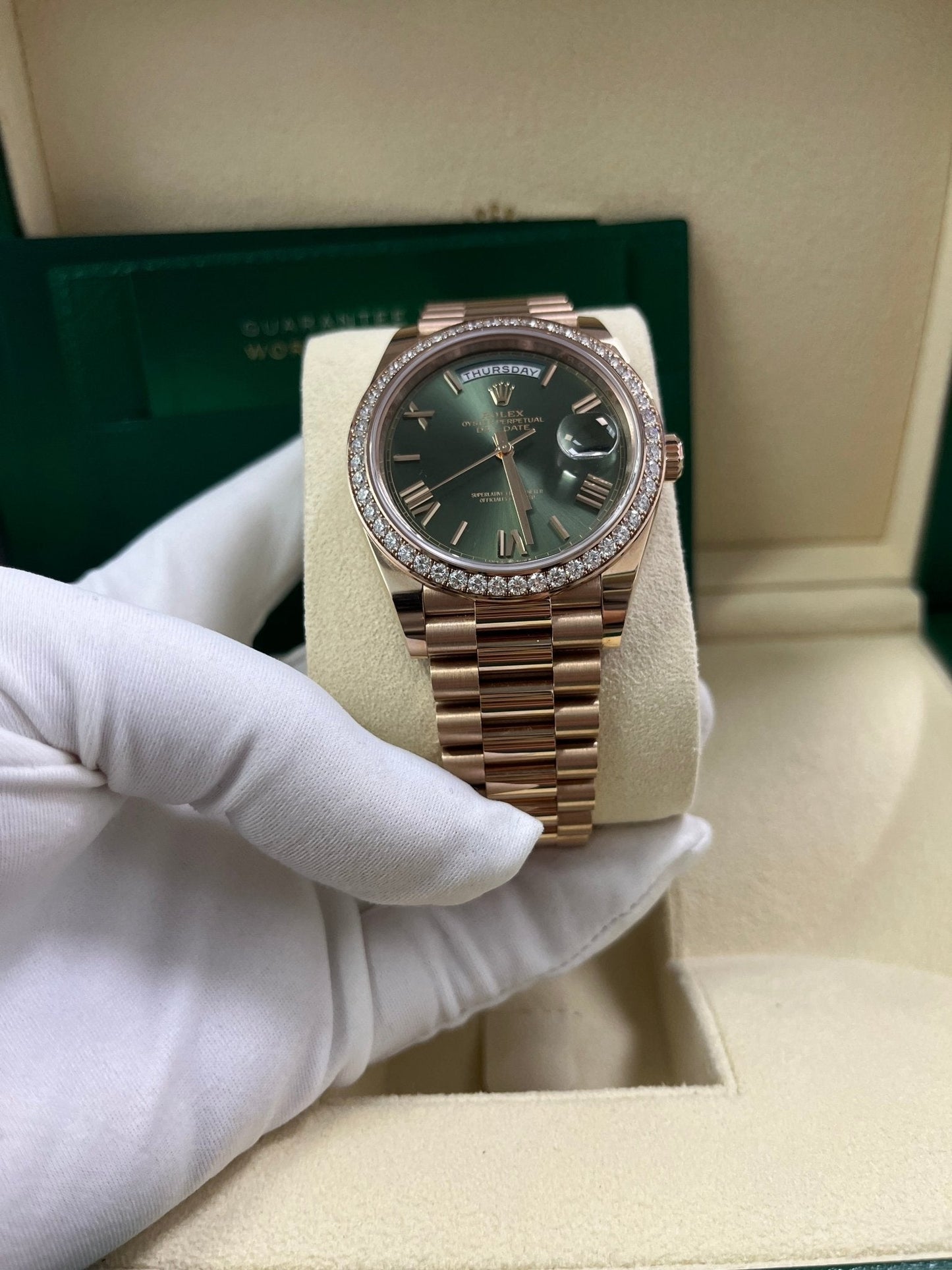 Rolex Everose Gold Day-Date 40 Watch - Everose Gold Bezel - Olive Green Bevelled Roman Dial - President Bracelet (Ref# 228345RBR)