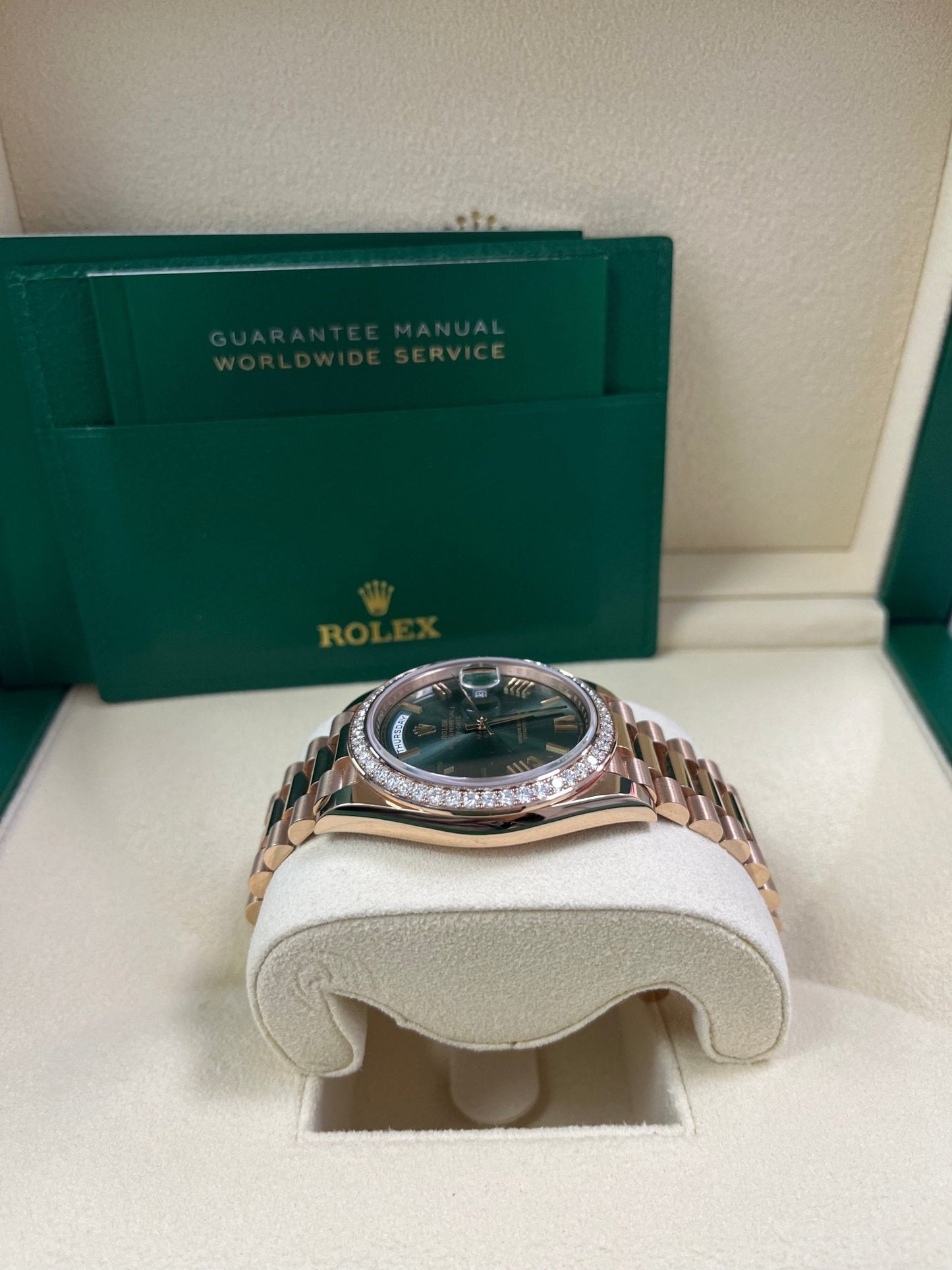 Rolex Everose Gold Day-Date 40 Watch - Everose Gold Bezel - Olive Green Bevelled Roman Dial - President Bracelet (Ref# 228345RBR)