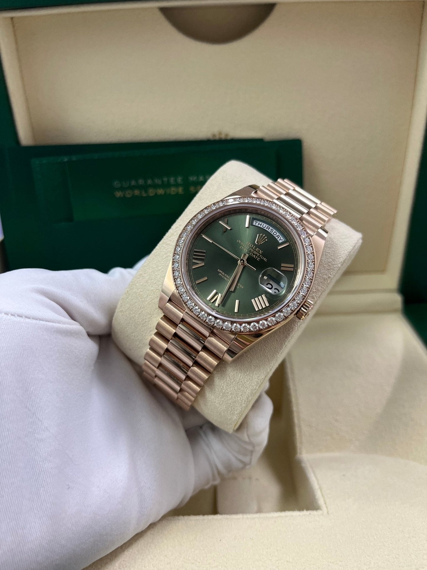 Rolex Everose Gold Day-Date 40 Watch - Everose Gold Bezel - Olive Green Bevelled Roman Dial - President Bracelet (Ref# 228345RBR)