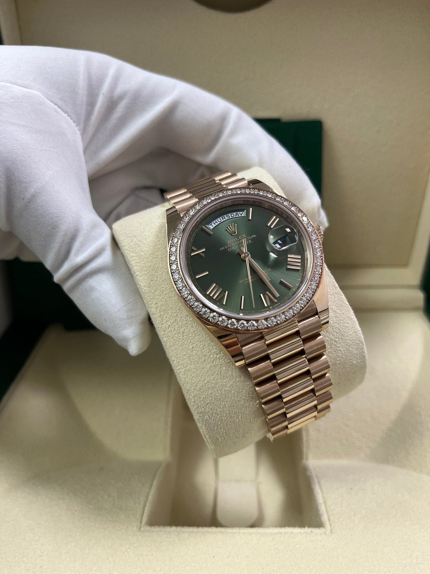 Rolex Everose Gold Day-Date 40 Watch - Everose Gold Bezel - Olive Green Bevelled Roman Dial - President Bracelet (Ref# 228345RBR)