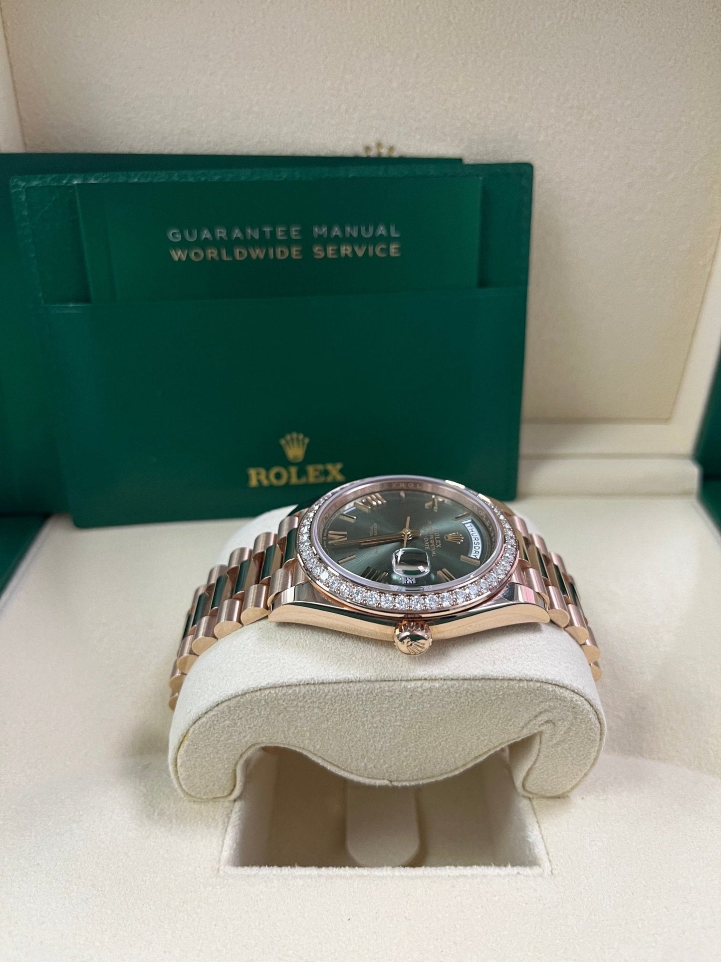 Rolex Everose Gold Day-Date 40 Watch - Everose Gold Bezel - Olive Green Bevelled Roman Dial - President Bracelet (Ref# 228345RBR)